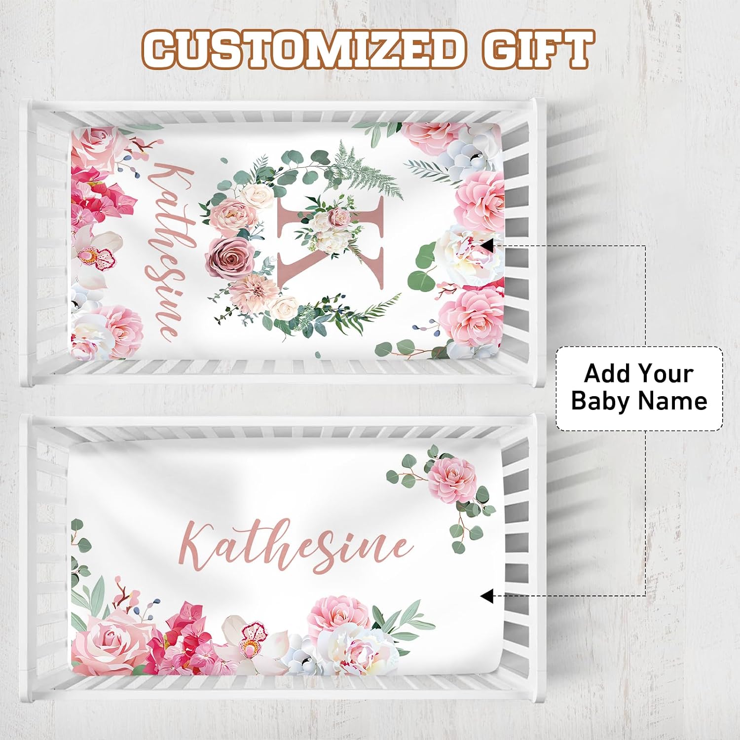 KAINSY Personalized 2 Piece Fitted Crib Bedding Sheet with Name, Crib Mattress Sheets for Baby Boys Girls, Mini Nursery Crib Sheet Gifts for 0-3 Years Infant Baby,Pink Printing