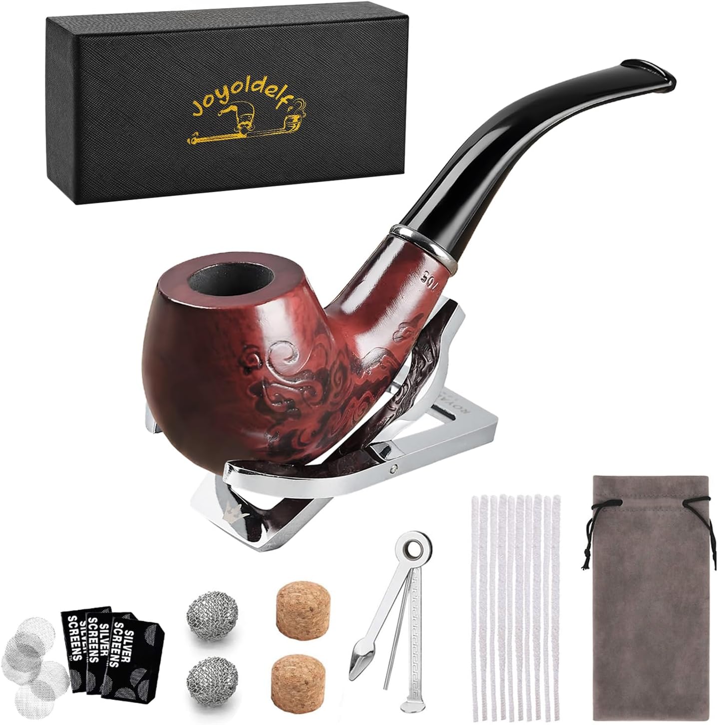 Joyoldelf Rosewood Tobacco Pipe Set, Curved Wooden Smoking Pipe with Stainless Steel Pipe Stand Holder, Pipe for Beginners with Accessories and Gift Box