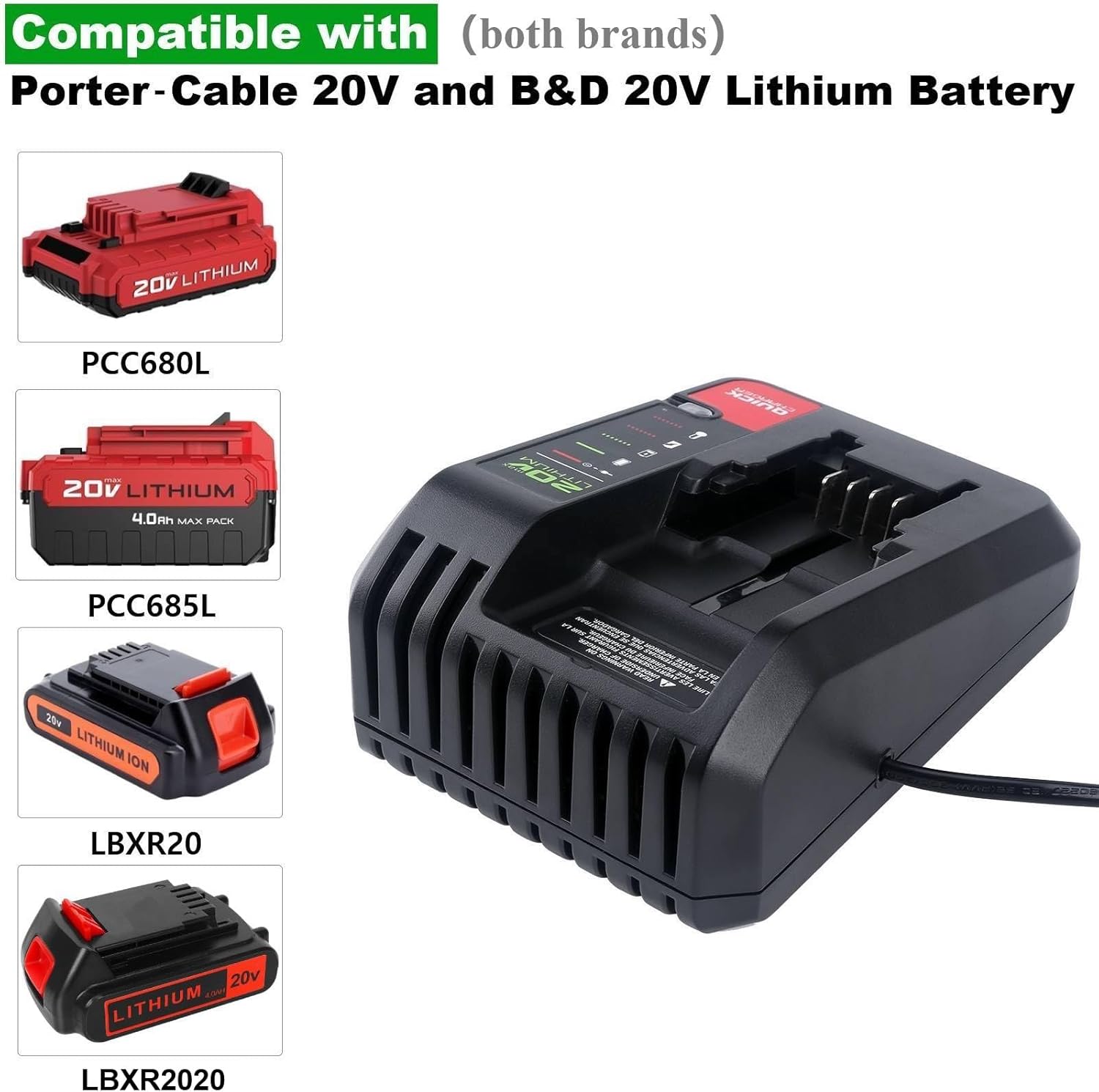 20V Quick Battery Charger Compatible with Porter Cable 20V & Compatible with Black and Decker 20 Volt Lithium Battery LBXR20 LBXR2020 PCC685L PCC681L PCC680L Charger, PCC692L - Image 2