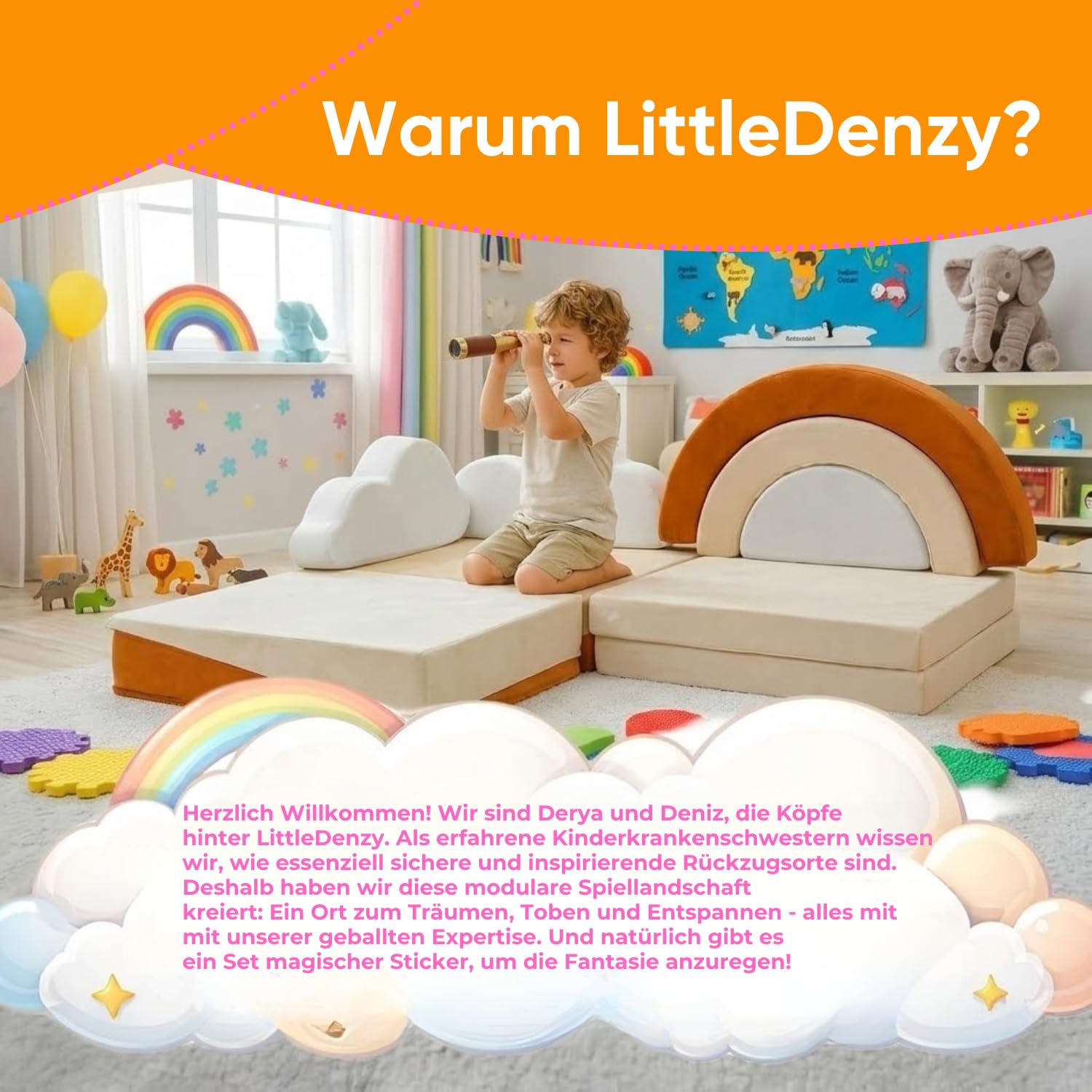 Kinder Spielsofa – 11-TLG. Modulares Kindersofa 140x65x63 cm, Samtbezug wasserabweisend, 25D PU-Schaum, Spielcouch fürs Kinderzimmer, CE EN71 & OEKO-TEX, Kinder Sofa Inkl. Sticker Geschenk