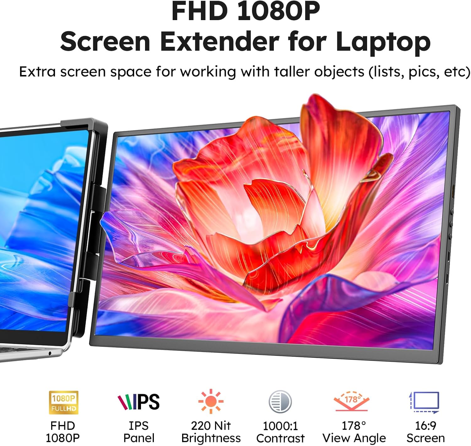 Laptop Screen Extender, 15.6" FHD 1080P IPS External Portable Monitor for Laptop, Plug & Play Dual Screen Monitor for 13"-17" Laptops, Compatible with Mac, Wins, Chrome, Android, Dex - Image 2