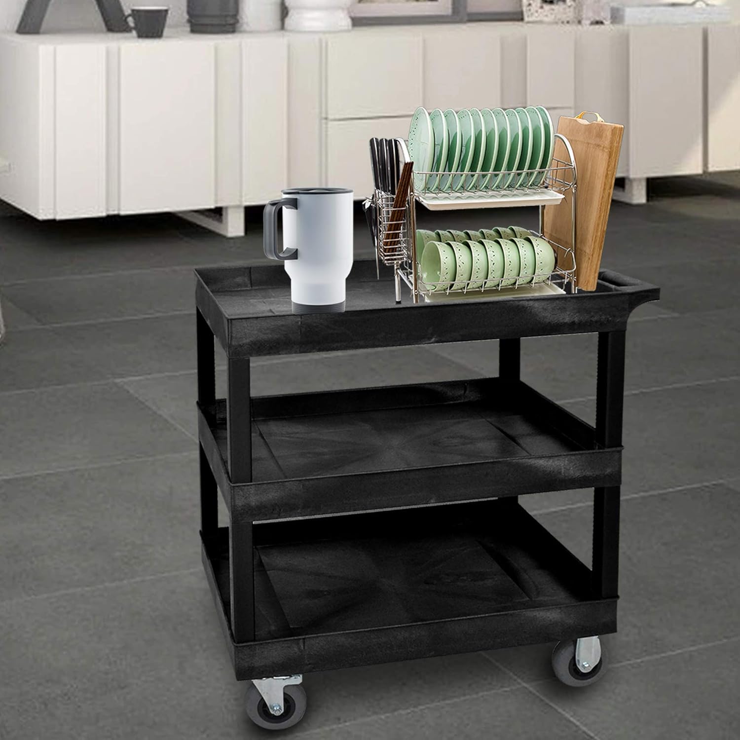 LUXOR EC111SP5-B 32" x 18" Cart - Three-Tub Shelf with 5" Casters