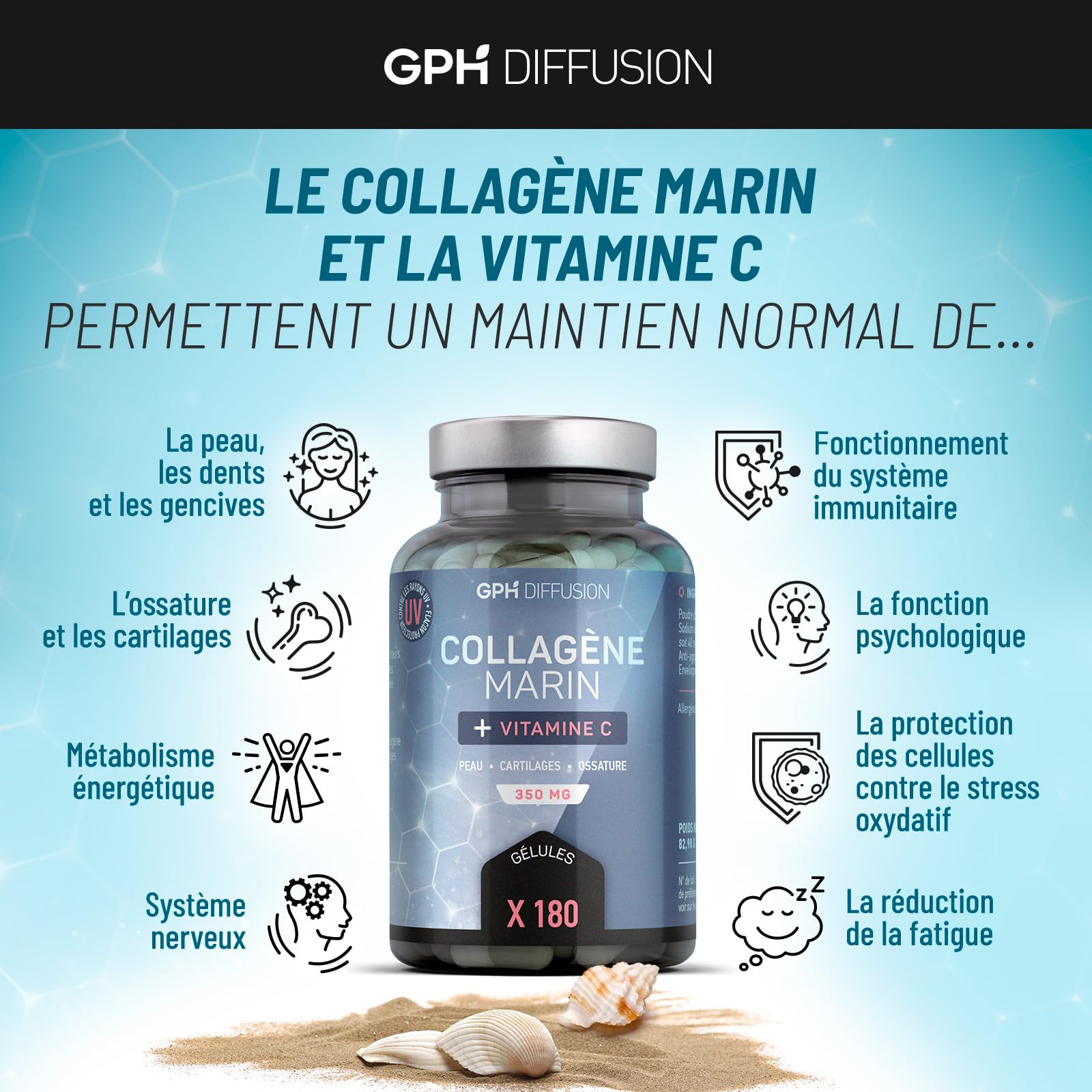 Collagène Marin + Vitamine C - 350 mg - 180 gélules - Peau, Ossature, Cartilages - Fabriqué en France