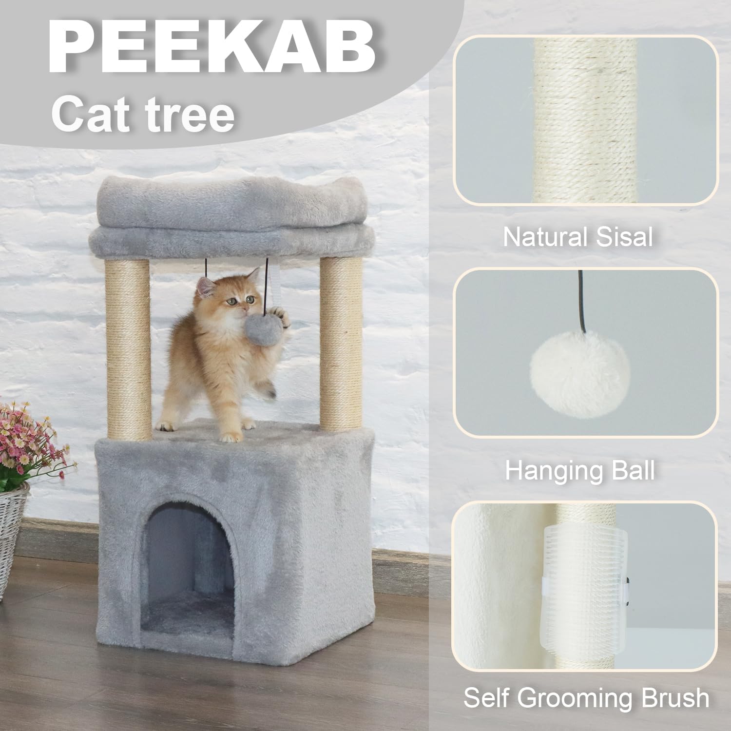 review Small Cat Tree with Condo Up to 8 Lbs,Kitty Tower with Scratching Post and Perch for Kittens and Small Cats,Dangling Ball,Grey