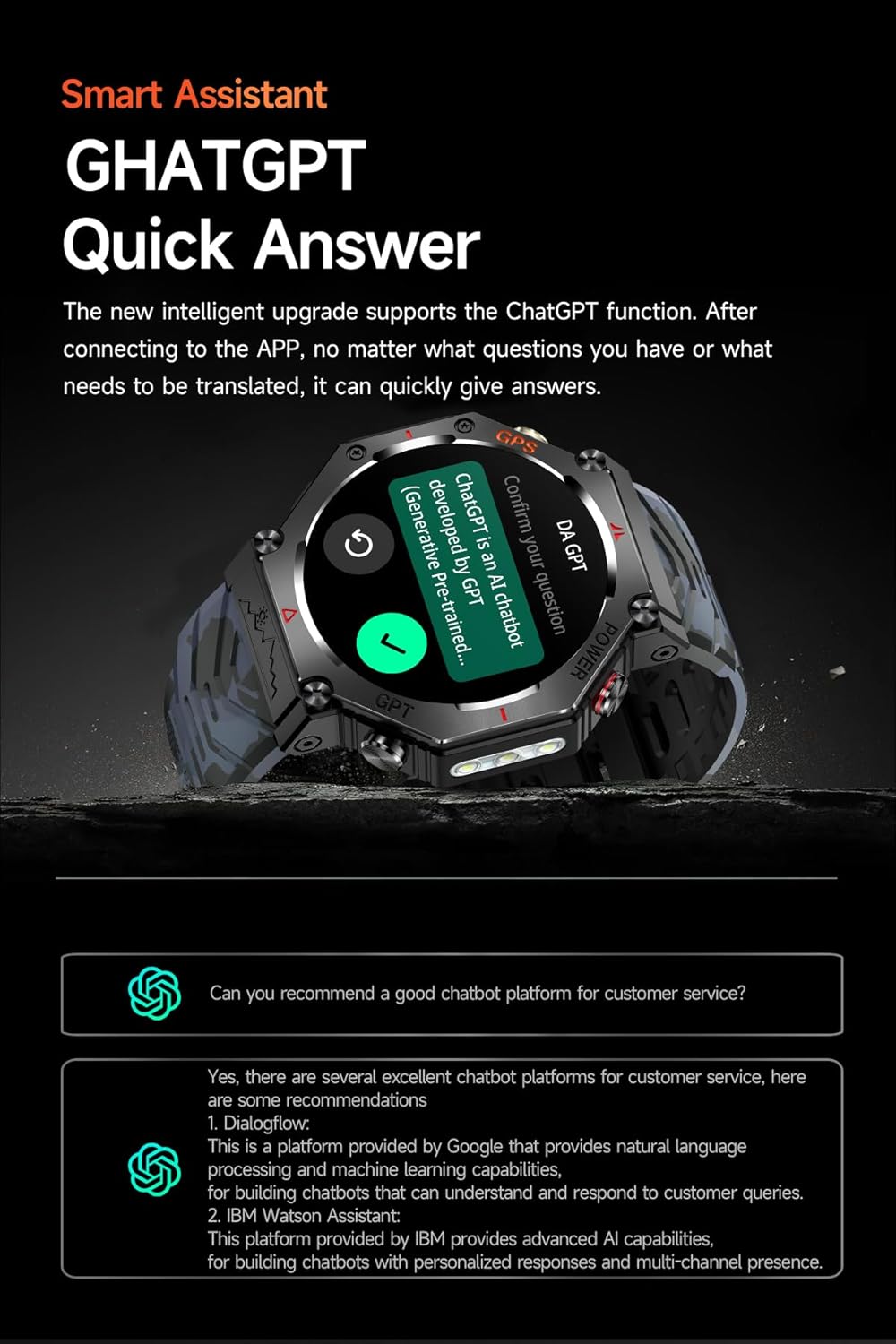 KC91 Smartwatch displaying a ChatGPT interaction, showing a question and answer on the screen.