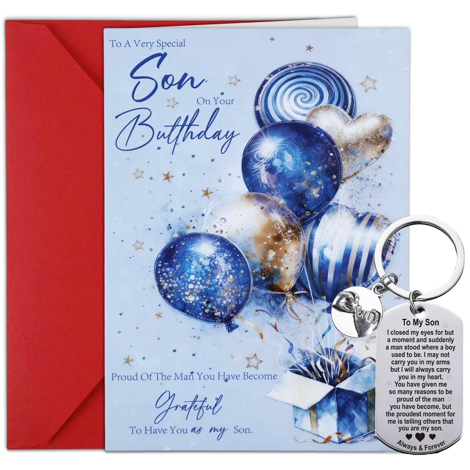 JoyAura Son Birthday Card and Inspirational Keyring, Proud Of The Man You Have Become Balloons Greeting Card with Envelope Birthday Gifts for Boy Adult Son from Mum Dad