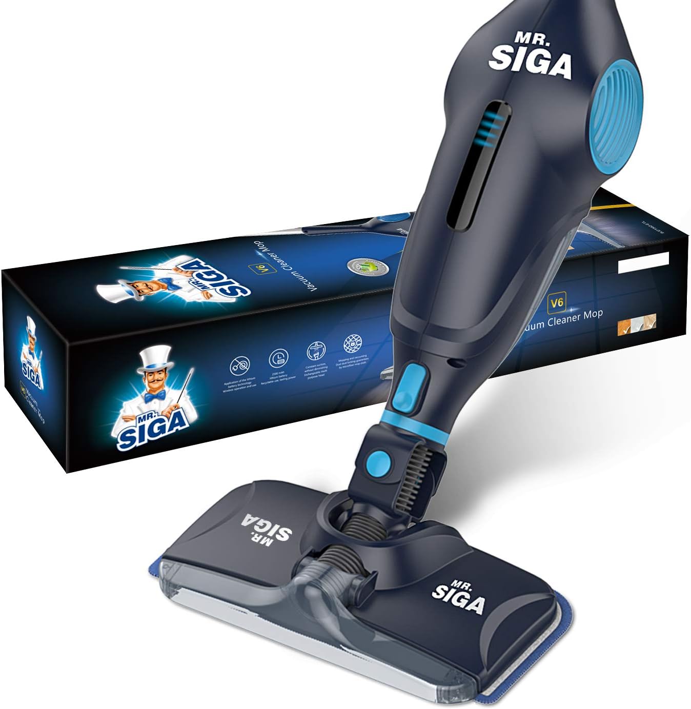 MR.SIGA 3 in 1 Cordless Lightweight Vacuum Cleaner Mop for Hard Floors, Rechargeable 2500 mAh Lithium Battery Powered, Including 2 Filters, 2 Microfiber Mop Cloths and 2 Dry Sweeping Pads