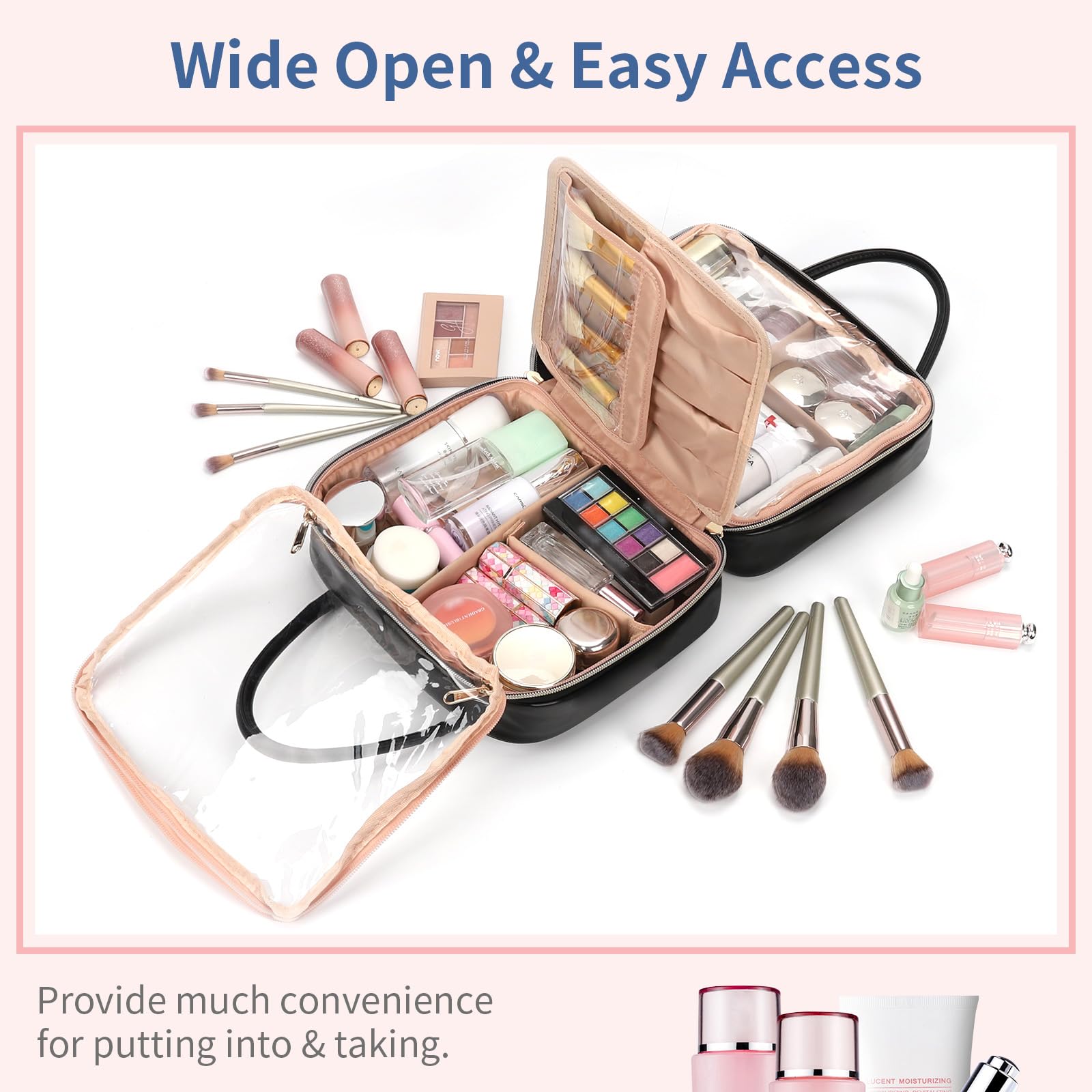 onemoky Travel Makeup Bag, Large Capacity Cosmetic Bag, Portable Make Up Bag Organizer for Women, Waterproof Cosmetic Travel Bag with Dividers and Brush Compartment for Cosmetics & Toiletries