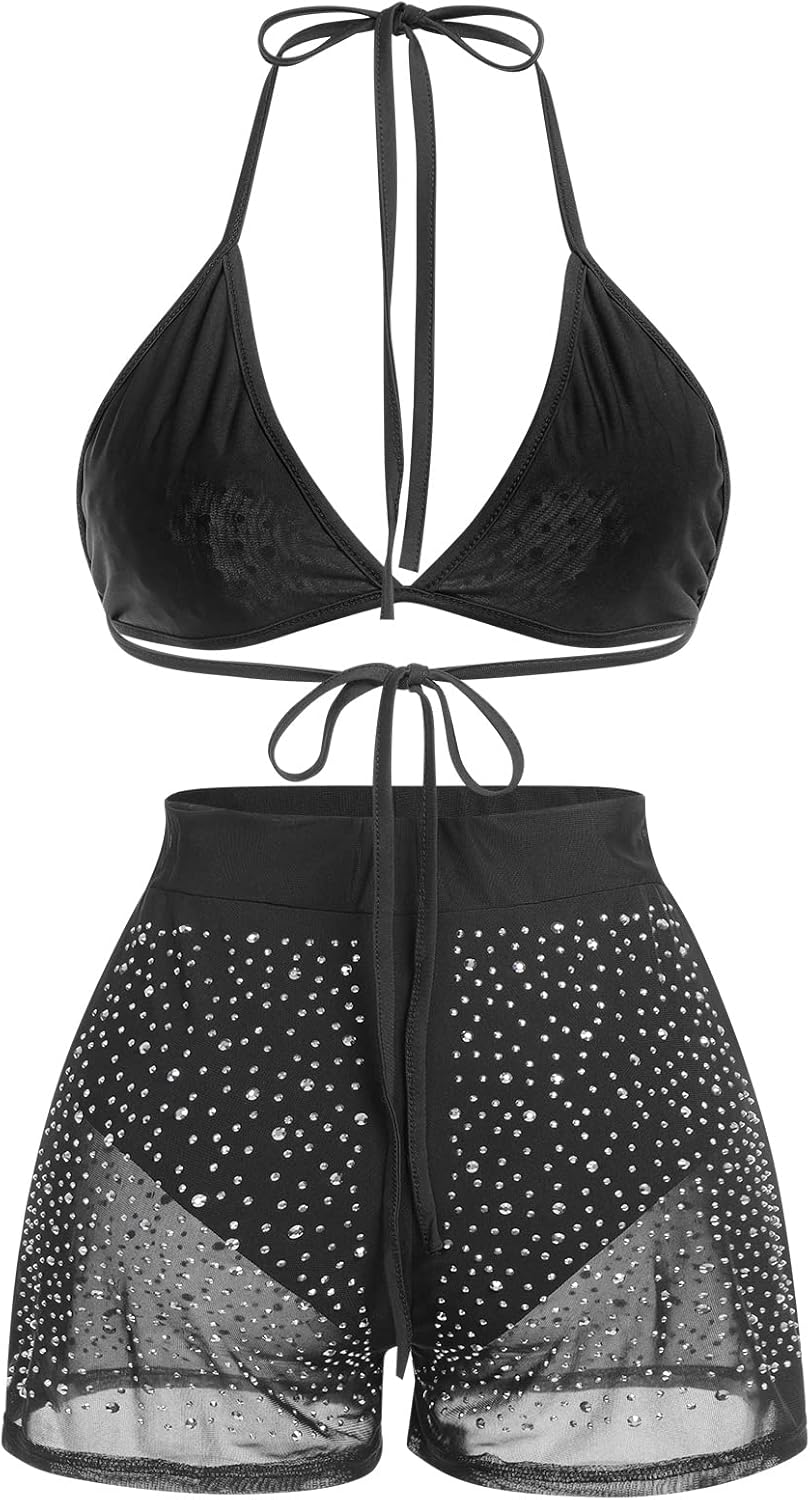 Women Sparkle Rhinestone Mesh Sheer Bikini Sets Halter Bra Top High Waist Shorts Bottom Swimsuits Rave Outfit - Image 3