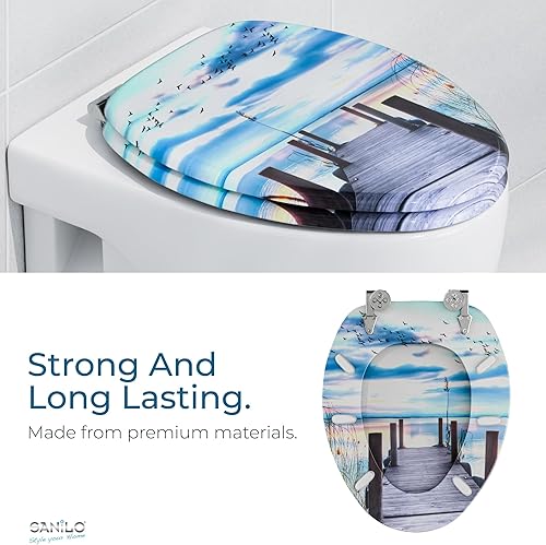 Miniatura 6 de SANILO Asiento de inodoro de madera con cierre suave [alargado] – Asiento de madera moldeada decorativo, silencioso y de cierre lento – Con fuertes
