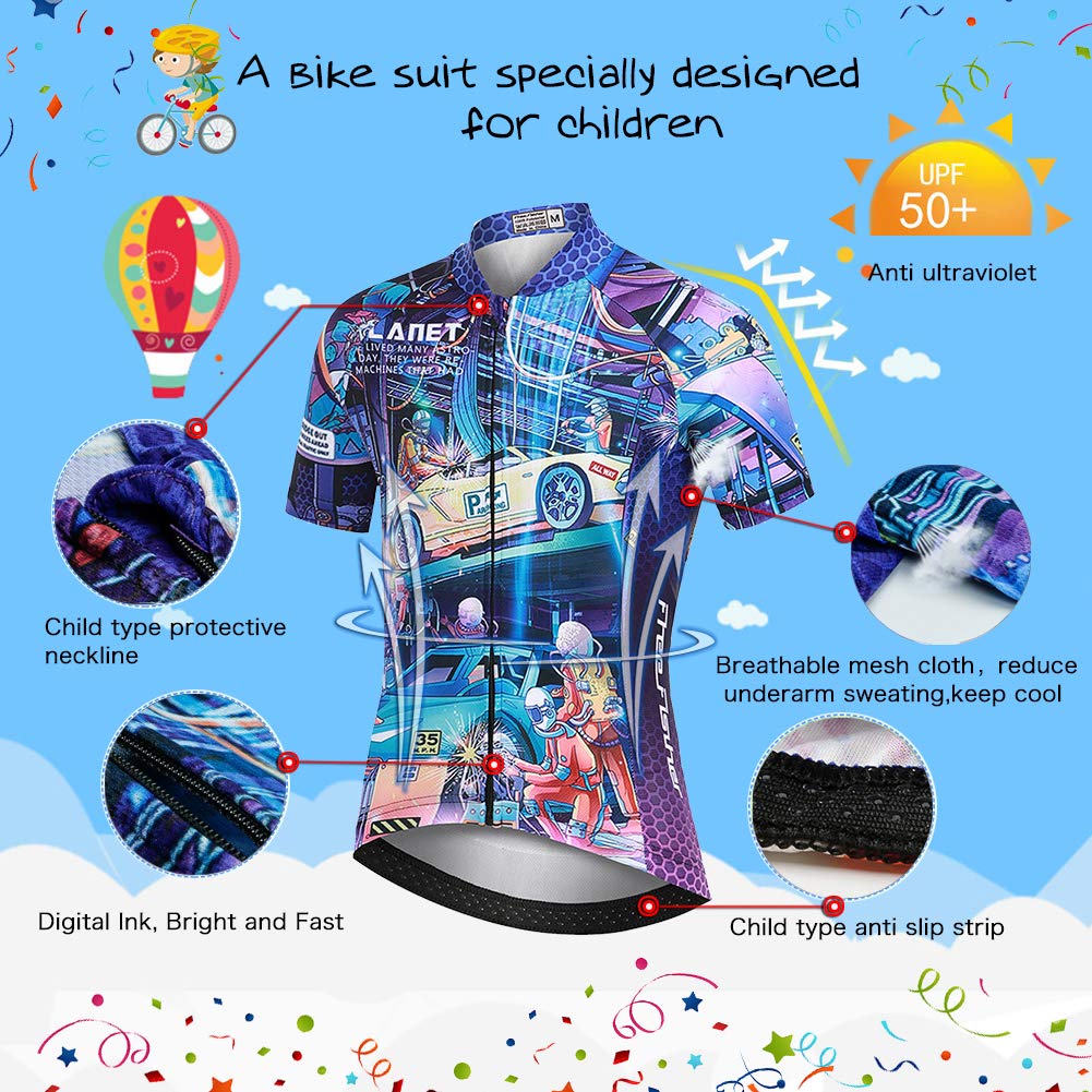 Kinder Jungen Radtrikot Set, Mädchen Radbekleidung Anzüge, Quick Dry Radsportanzug, Fahrradtrikot Kurzarm und 3D Sitzpolster Radhose, Rennwagen, 104/110(Herstellergröße: S)