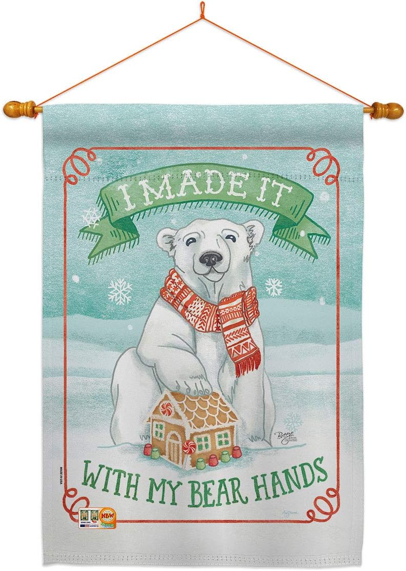 My Bear Hands House Flag Dowel Set Wintertime Winter Wonderland Snowflake Snowman Ice Skate Season Snow Small Decorative Gift Yard Banner Made In USA 28 X 40