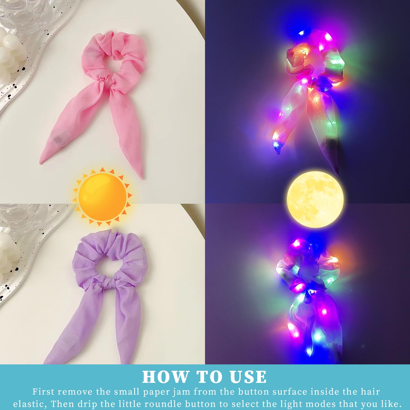 URAQT Scrunchies LED, 6 Pezzi Multicolore Fascia Capelli LED, Fasce Elastiche per Capelli LED con 3 Modalità di Luce, Scrunchies Luminosi Accessori di Capelli al Neon Halloween Natale(A