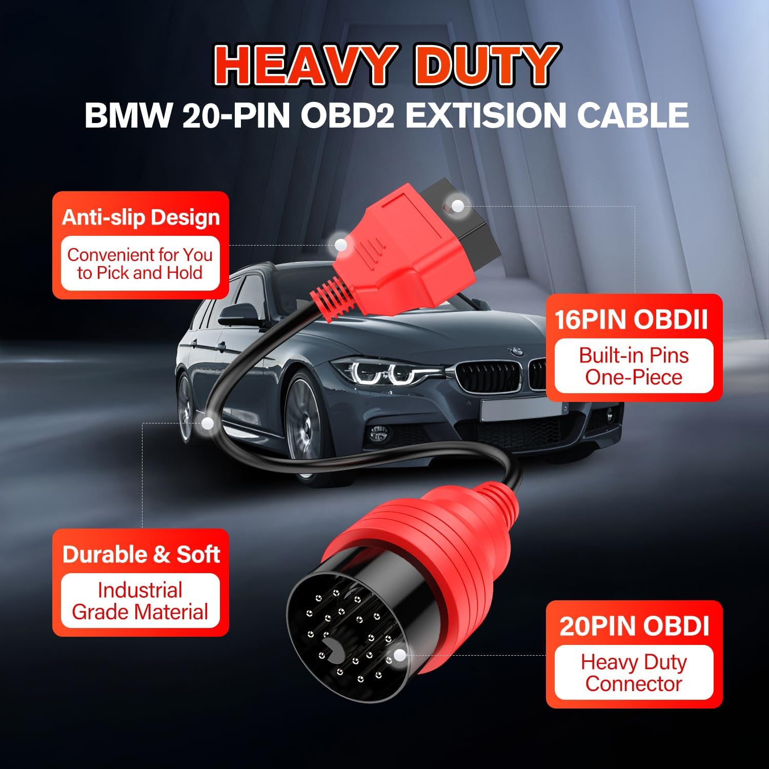 Features of the heavy-duty Autel 20-Pin to 16-Pin OBD2 extension cable