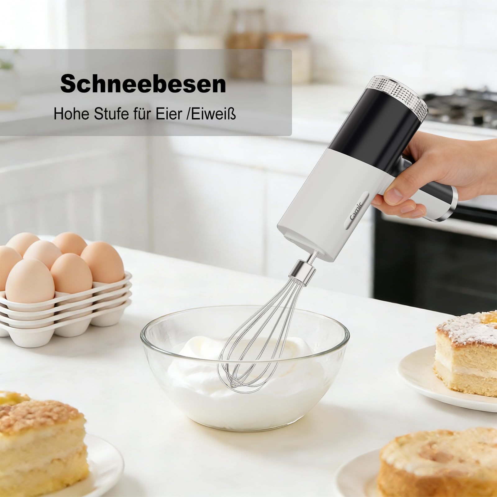 Camic Handmixer mit 9 Geschwindigkeitsstufen, Kabelloser Elektrisch- Handrührgerät mit Schneebesen, Knethaken und Rührstab zum Schlagen von Eiern, Sahne und Marmelade sowie zum Mixen