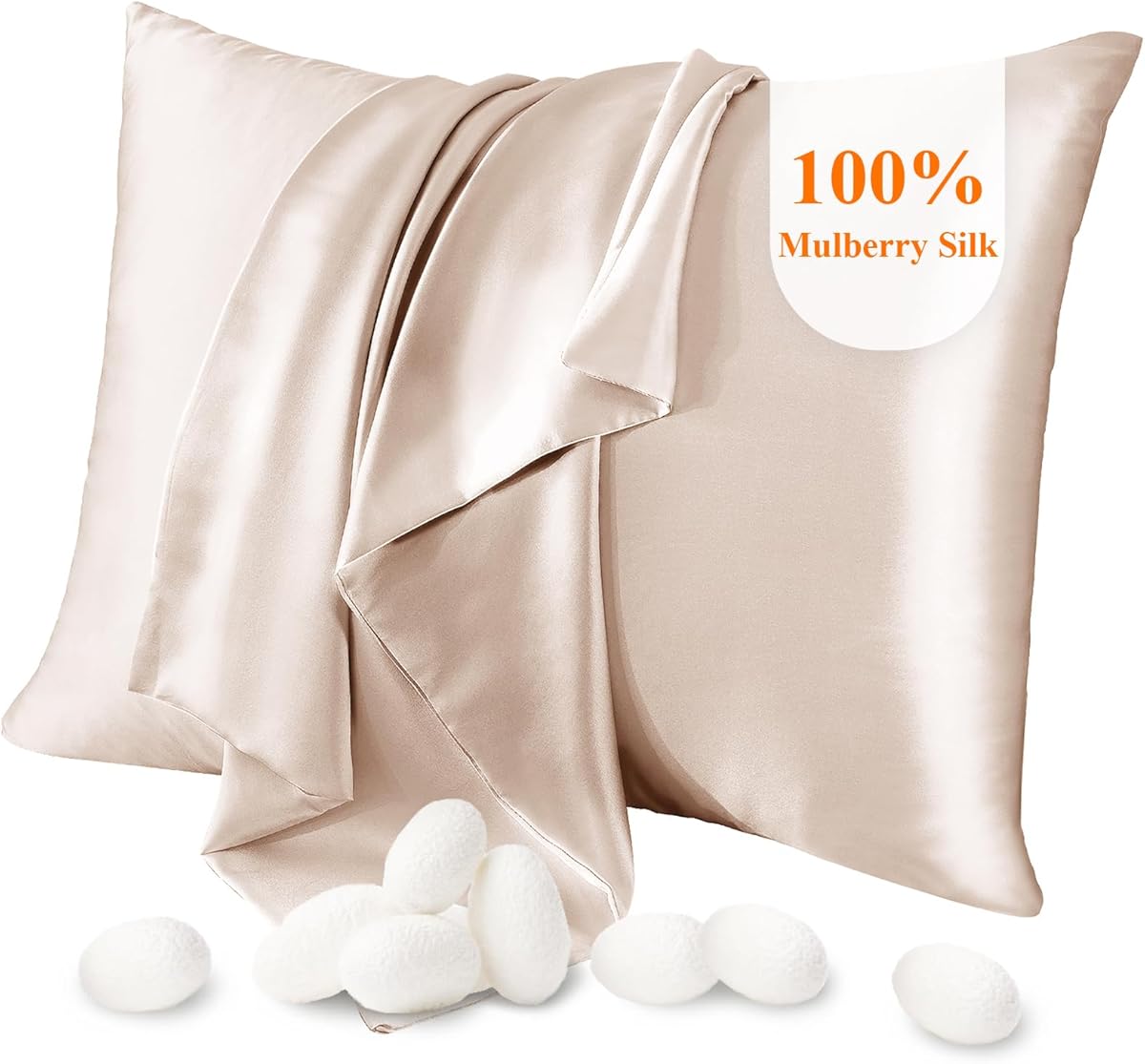 100% Mulberry Silk Pillow Cases - Silk Pillowcases for Hair and Skin - Both Side Real Silk Pillowcases - Hidden Zipper - 21 Momme - Standard: 20"x26" - Beige - 1pcs