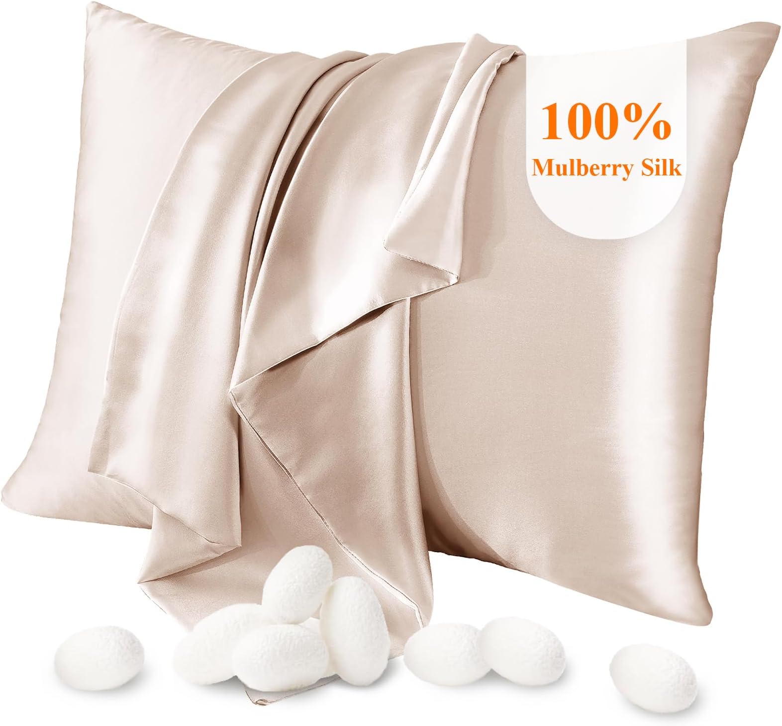 100% Mulberry Silk Pillow Cases Silk Pillowcases for Hair and Skin Both Side Real Silk Pillowcases Hidden Zipper 21 Momme Silk Pillow Covers(Beige, Queen:20"x30",1pcs
