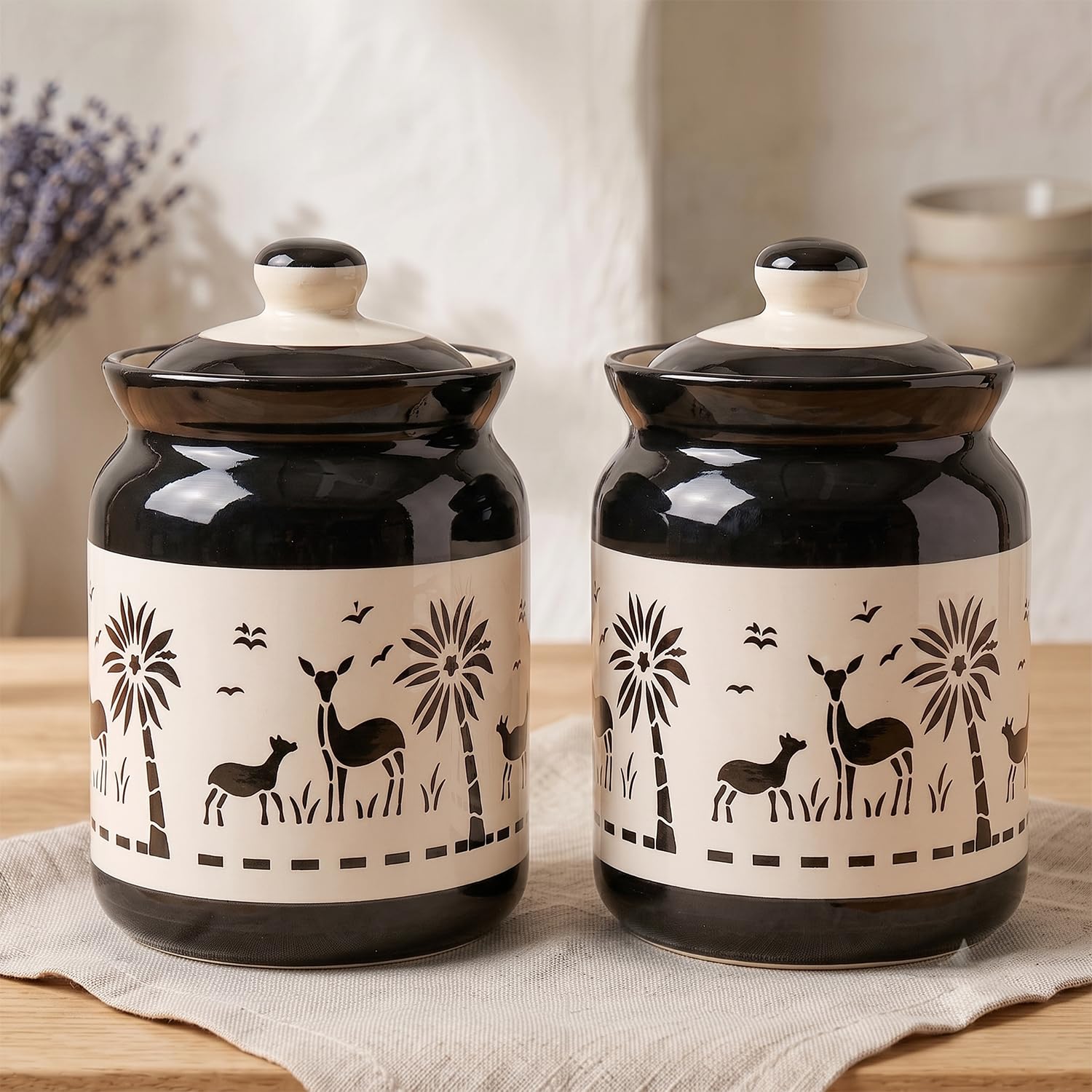 D'Maiolica Ceramic Handmade Pickle Jars in 1000ml (set of 2) | Floral Bale 1 kg Achaar Martban | Ceramic Jadi for Kitchen Storage (Set of 2) | Jars for Achar, Spices, Salt (Artisian Midnight Savannah)