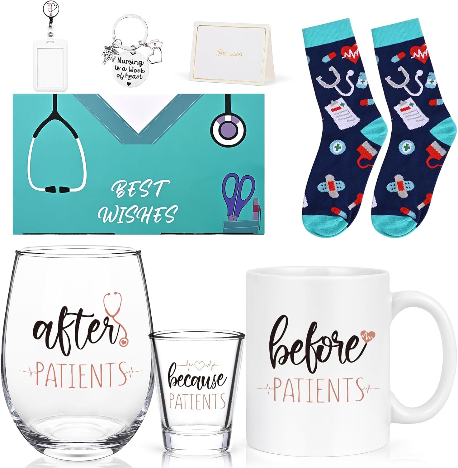 Futtumy Before Patients After Patients Set 11oz Coffee Mug 17oz Stemless Wine Glass 2oz Shot Glass Set for Women Nurse Doctor Hygienist Assistant Physician Dentist Dental, Nurse Gifts for Christmas
