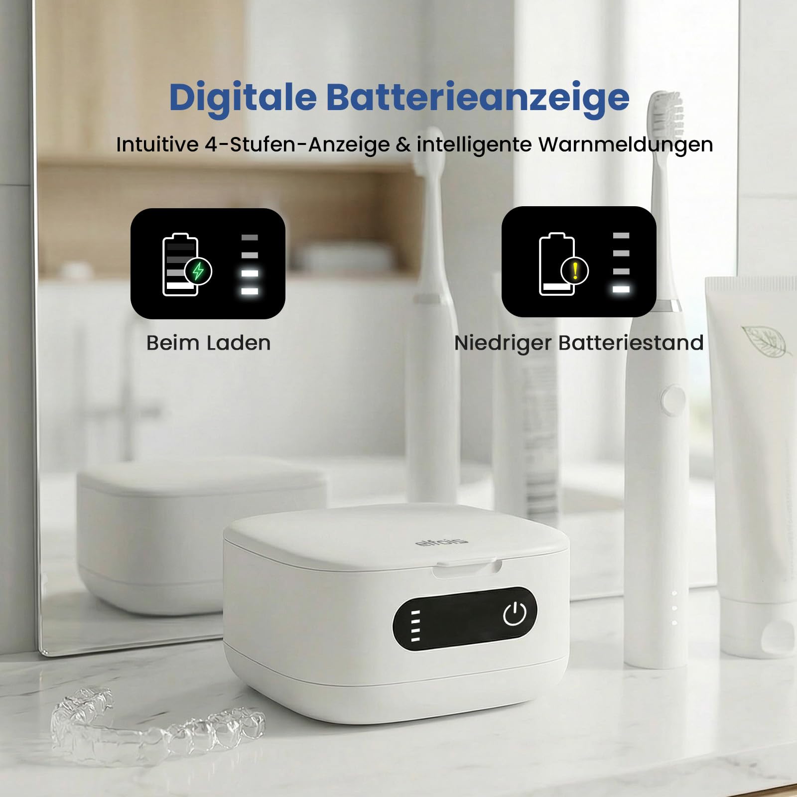 Tragbares Ultraschallreinigungsgerät mit UV-Licht – Kabelloser & Wiederaufladbarer Reiniger für Invisalign, Zahnschienen, Aufbissschienen & Gebiss | Reisefertig mit integriertem Spiegel