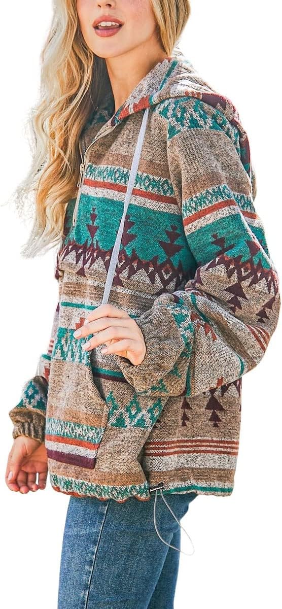 chouyatou Women's Tribal Aztec Print Hooded Half Zip Fuzzy Fleece Hoodie Sweatshirt Tops