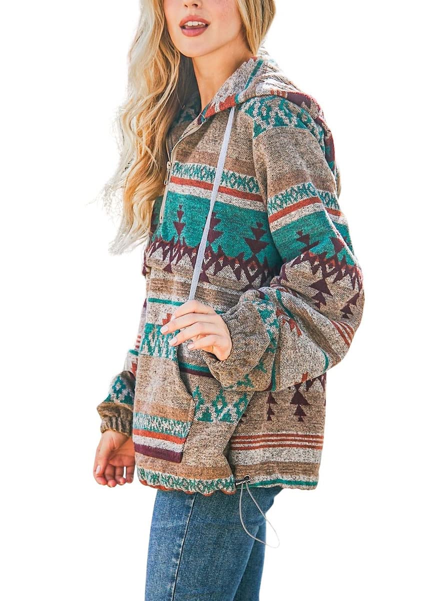 chouyatou Women's Tribal Aztec Print Hooded Half Zip Fuzzy Fleece Hoodie Sweatshirt Tops