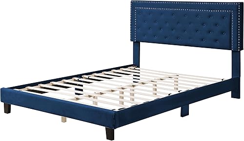Miniatura 8 de Morden Fort Base de cama tamaño Queen alta ajustable, cama tapizada de terciopelo moderna con cabecero, listones de madera, no necesita somier,