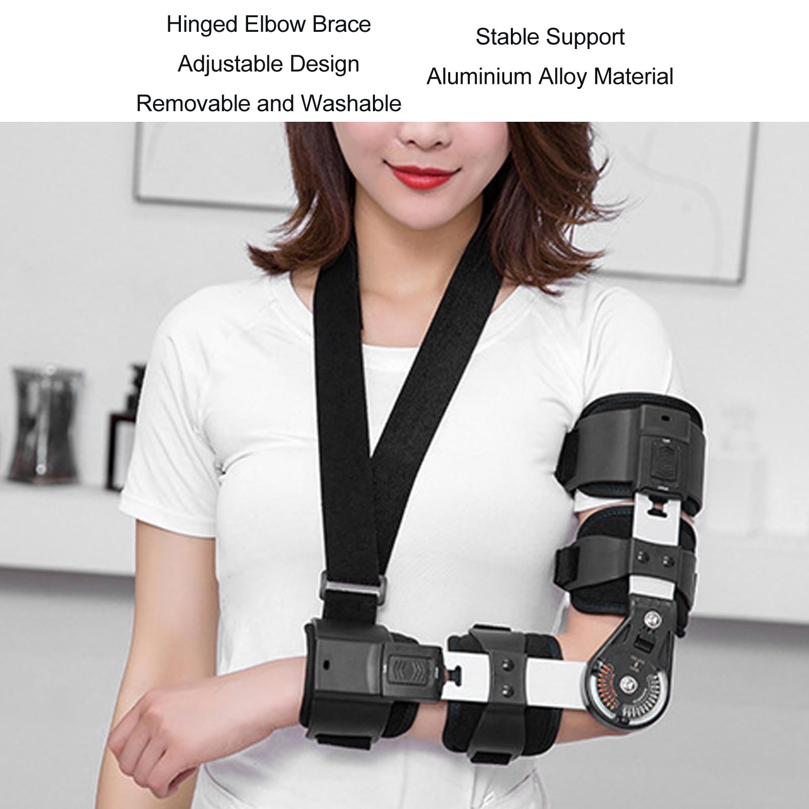 Hinged ROM Elbow Brace with Strap Sling, Adjustable Aluminium Alloy Post OP ROM Elbow Brace Stabilizer Splint Arm Injury Recovery Support for Women & Men (Left Hand)