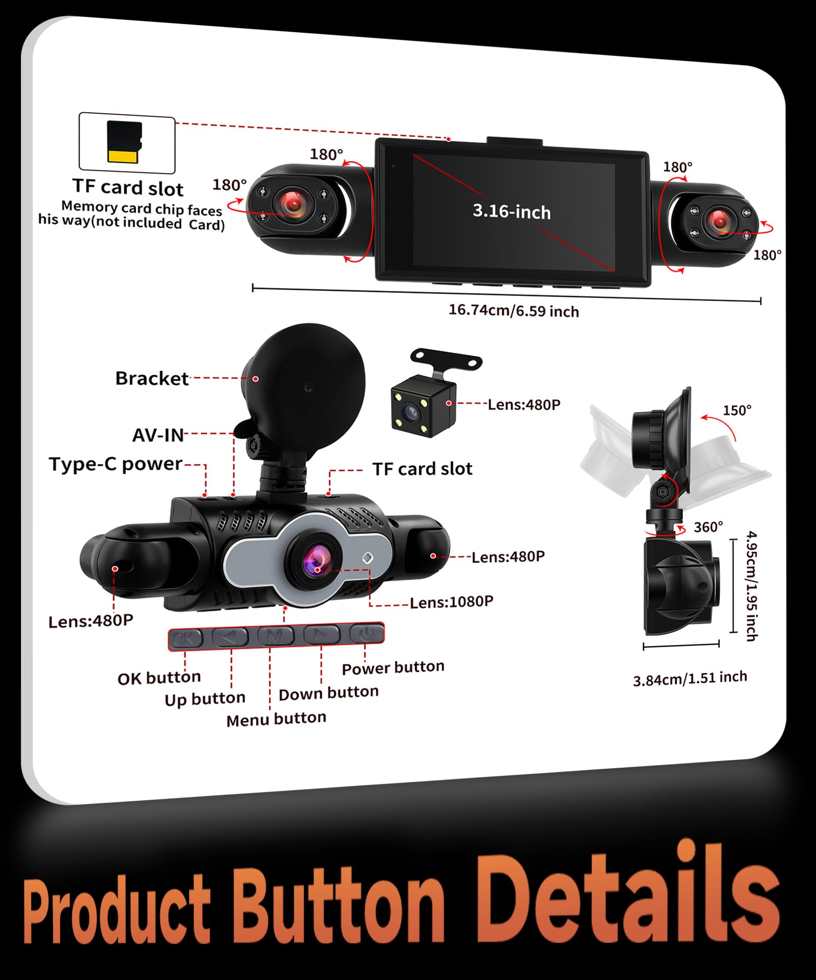 Rimoody 4 Canali Dashcam Auto 360°, 4 Telecamera HD 1080P Anteriore e Posteriore Sinistra Destra, 3 Pollici IPS Schermo Dash Cam con Visione Notturna 8 IR/Loop Video/24H Parcheggio Monitor