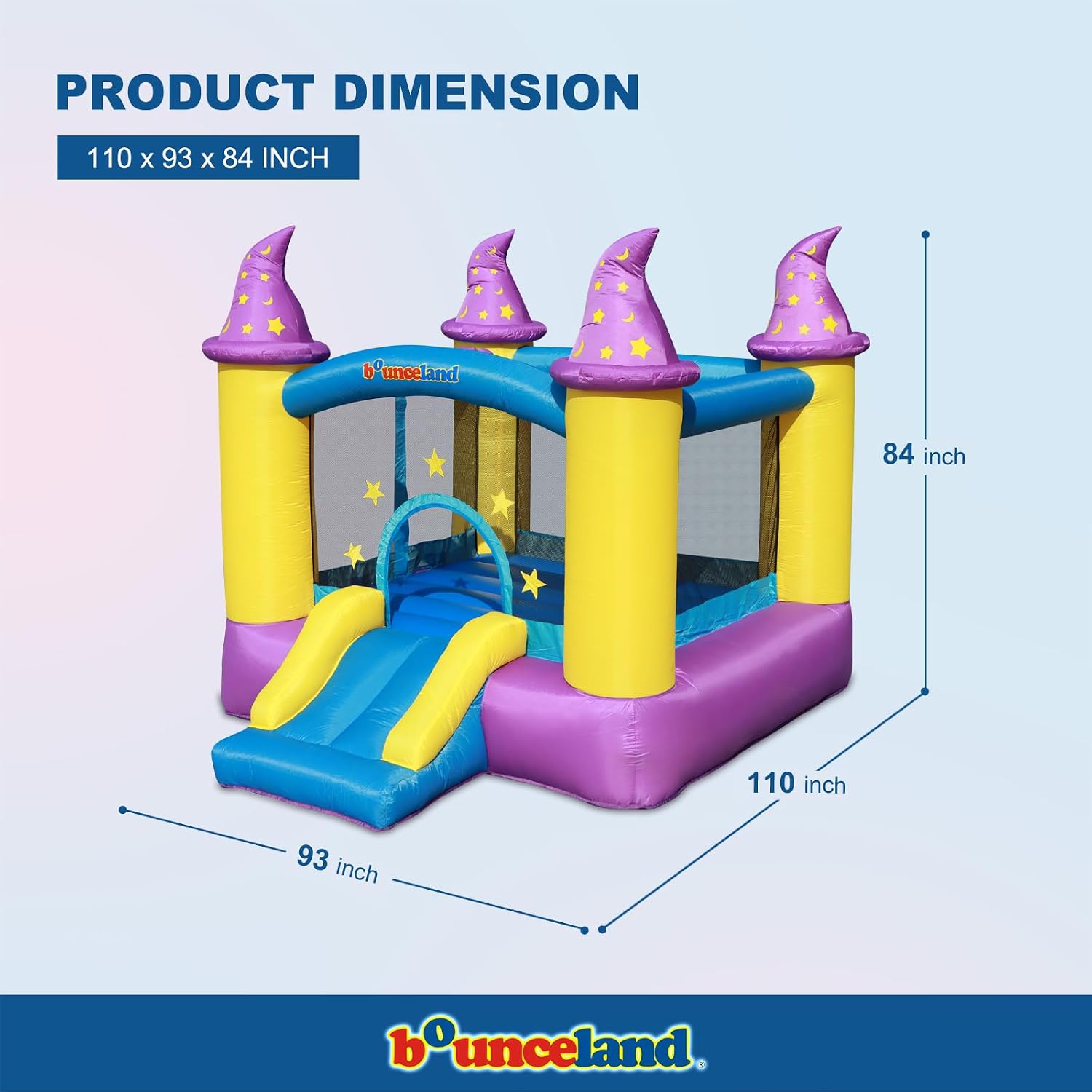 Wizard Inflatable Bounce House Bouncer, Spacious Bouncing Area with Fun Slide, Safe hook-and-loop fastener Entrance, Basketball Hoop, Fun Party Wizard Castle Theme, Inflated Size: 9 ft x 8 ft x 7 ft H