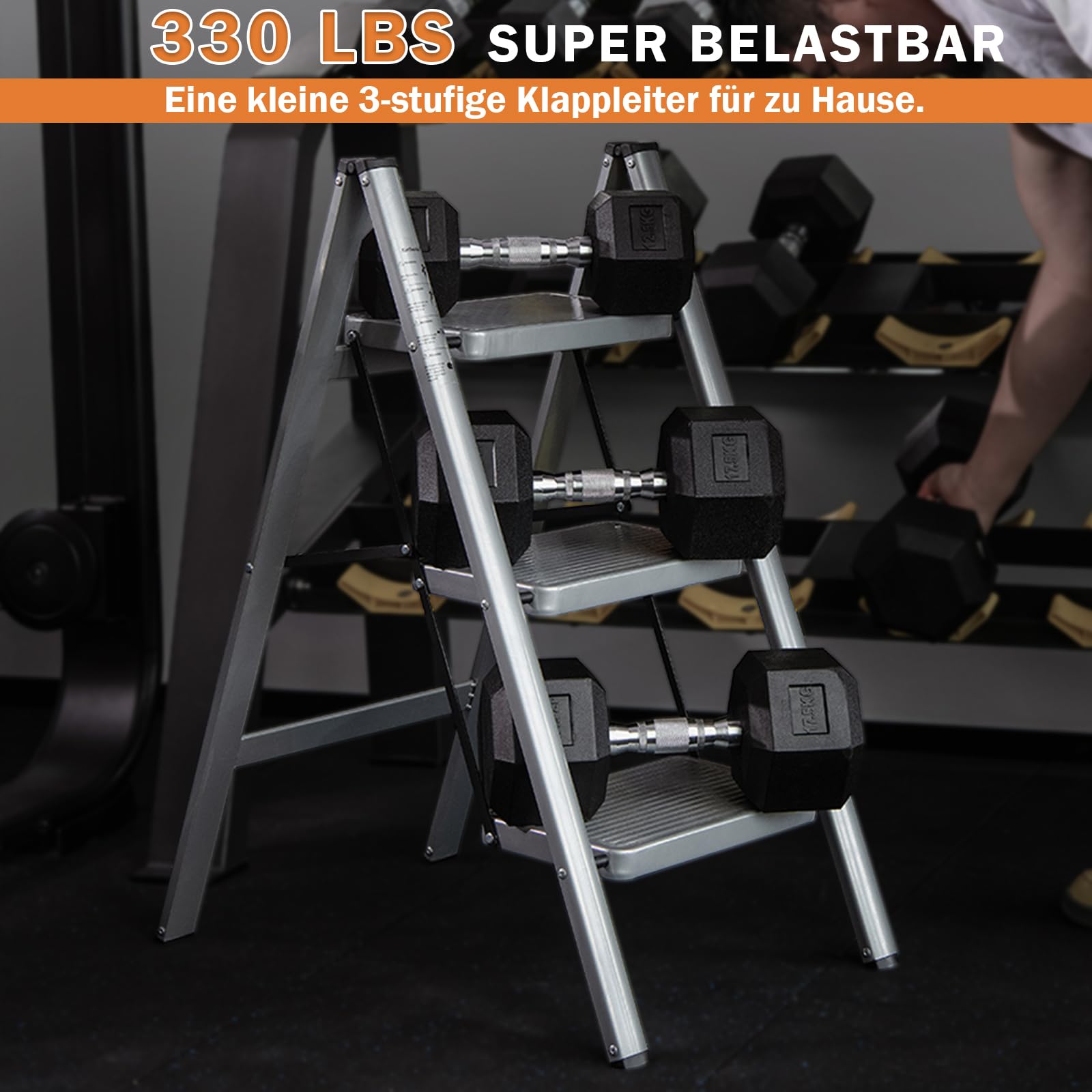 XinSunho Leiter 3 Stufen, Trittleiter Klappbar, Leichte Klappleiter mit Breitem Anti-Rutsch Stufen, Tritthocker 3 Stufen Belastbar bis 150 kg, Tragbare Stehleiter Für Haushalt, Silbergrau