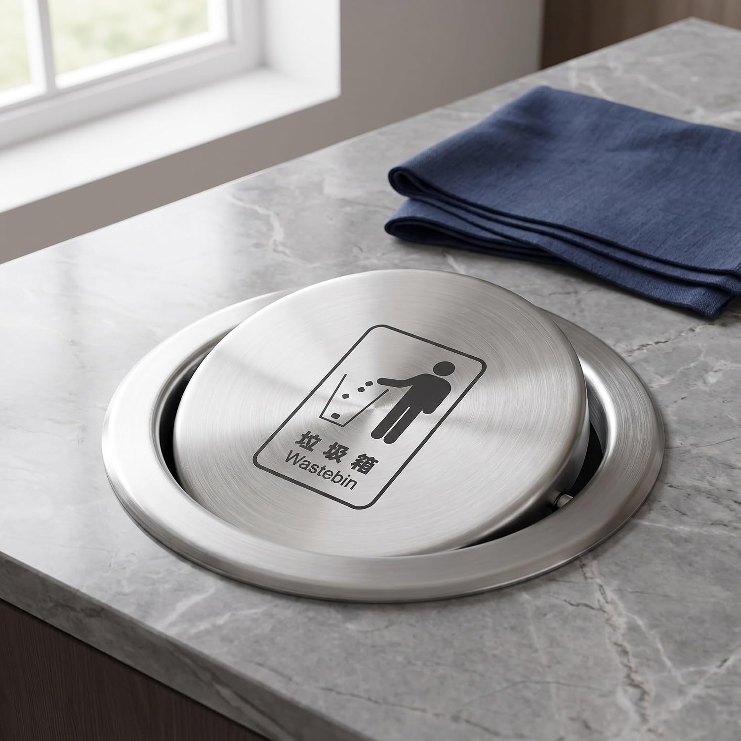 Toddmomy Recessed Countertop Trash Can Lid, Stainless Steel Built-in Flap Cover for Kitchen & Bathroom, 6.77 Inch Embedded Countertop Trash Chute Round Cover