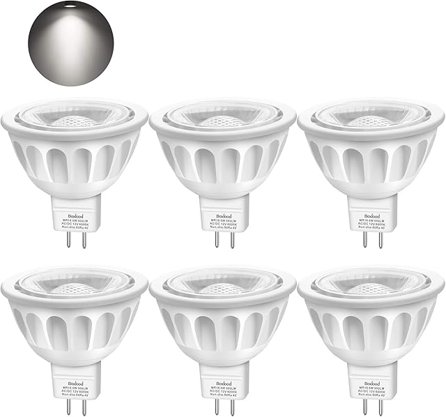 Boxlood MR16 LED Bulbs, 12 Volt, GU5.3 Bi-Pin Base, 36-Degree, 5-Watt (50-Watt Equivalent), 500 Lumen, 6000K Cool White, Spotlight LED Bulbs, 6 Pack