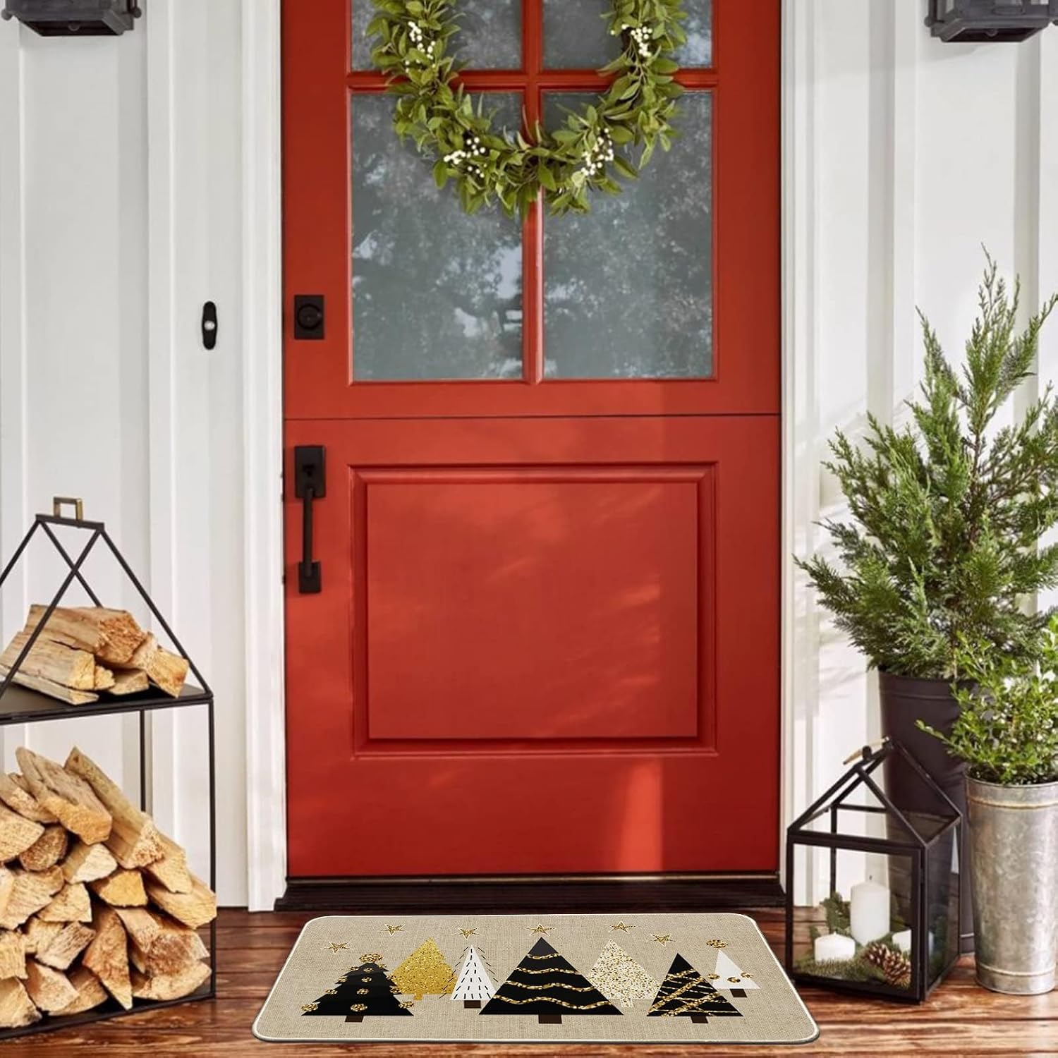 Baccessor Christmas Trees Doormat Winter Pine Tree Xmas Gold Decorative Front Welcome Door Mat Anti-Slip Rubber for Seasonal Holiday Entrance Floor Decoration 17 x 29 Inch