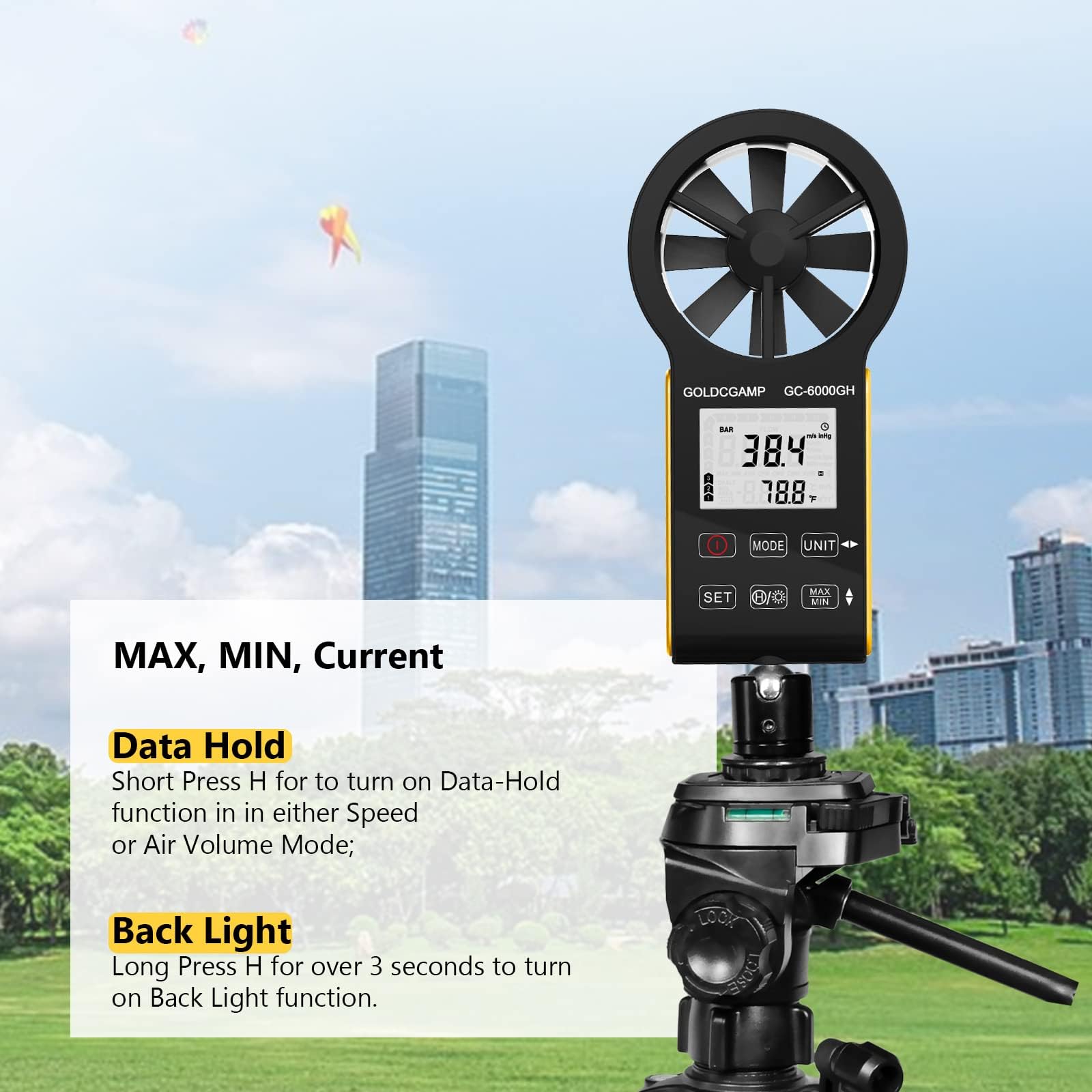Anemometro digitale, CFM, ricaricabile e impermeabile, misura la velocità del vento (0,3 ~ 30 m/s), volume d'aria (0-999900 ft3/min), touch screen, display retroilluminato per HVAC, tiro