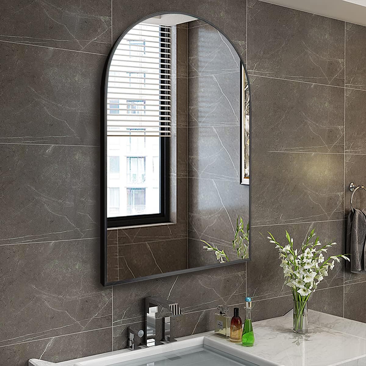 TinyTimes 26"x38" Arched Wall Mirror, Vanity Mirror, with Metal Frame, for Bathroom, Bedroom, Entryway, Modern & Contemporary Wall Mirror - Black