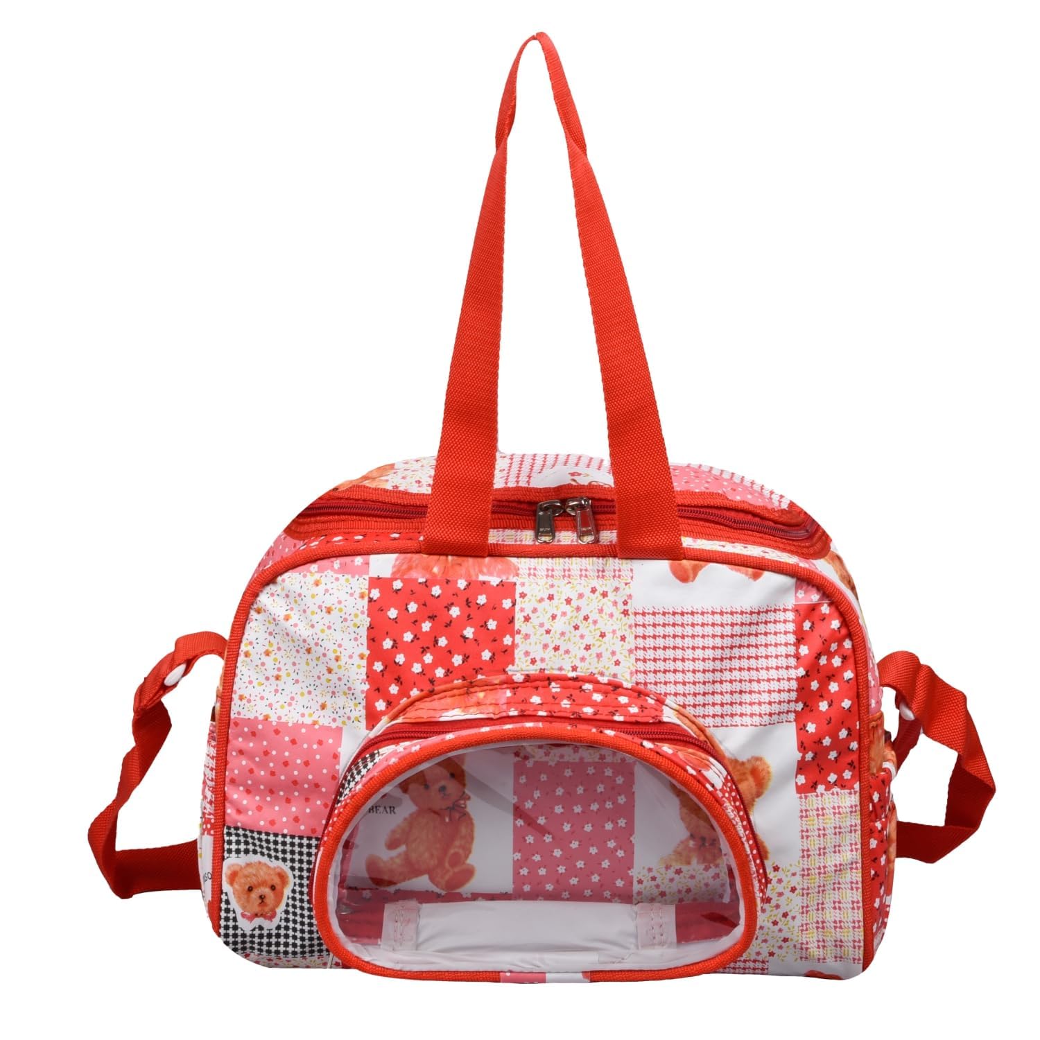 Baby Bag, Patchwork Print, Diaper Tote with Shoulder Strap and Clear Front Pocket (Red)-image-21