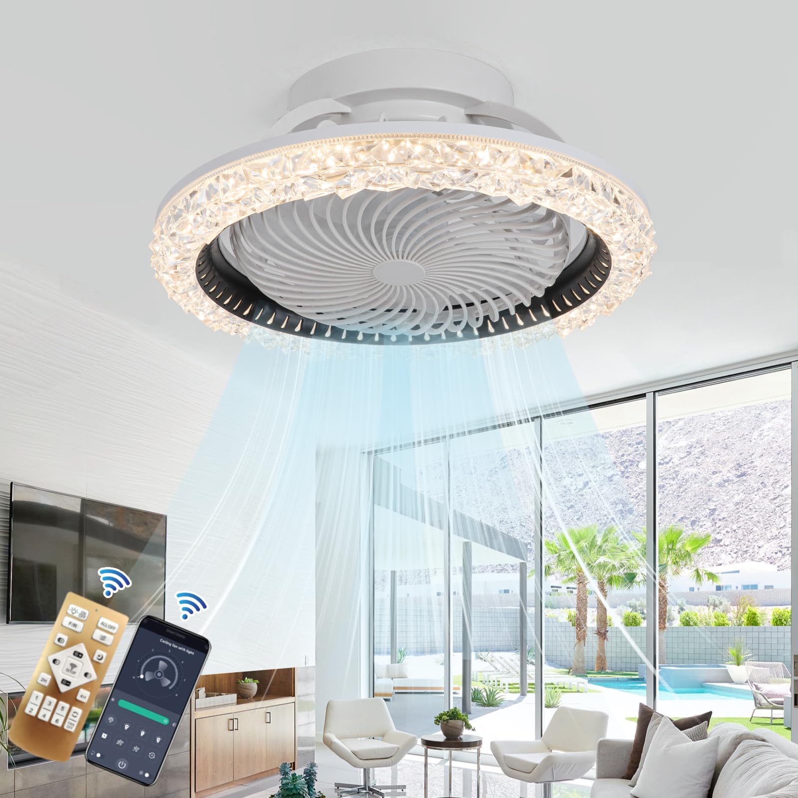 Ceiling Fans with Lamps with 360Β° Oscillating, Crystal Ceiling Fan Light Reversible 6 Speeds Dimmable, Quiet Ceiling Fans with Lights and Remote Led Living Room Bedroom, Invisible Fan Light-Black