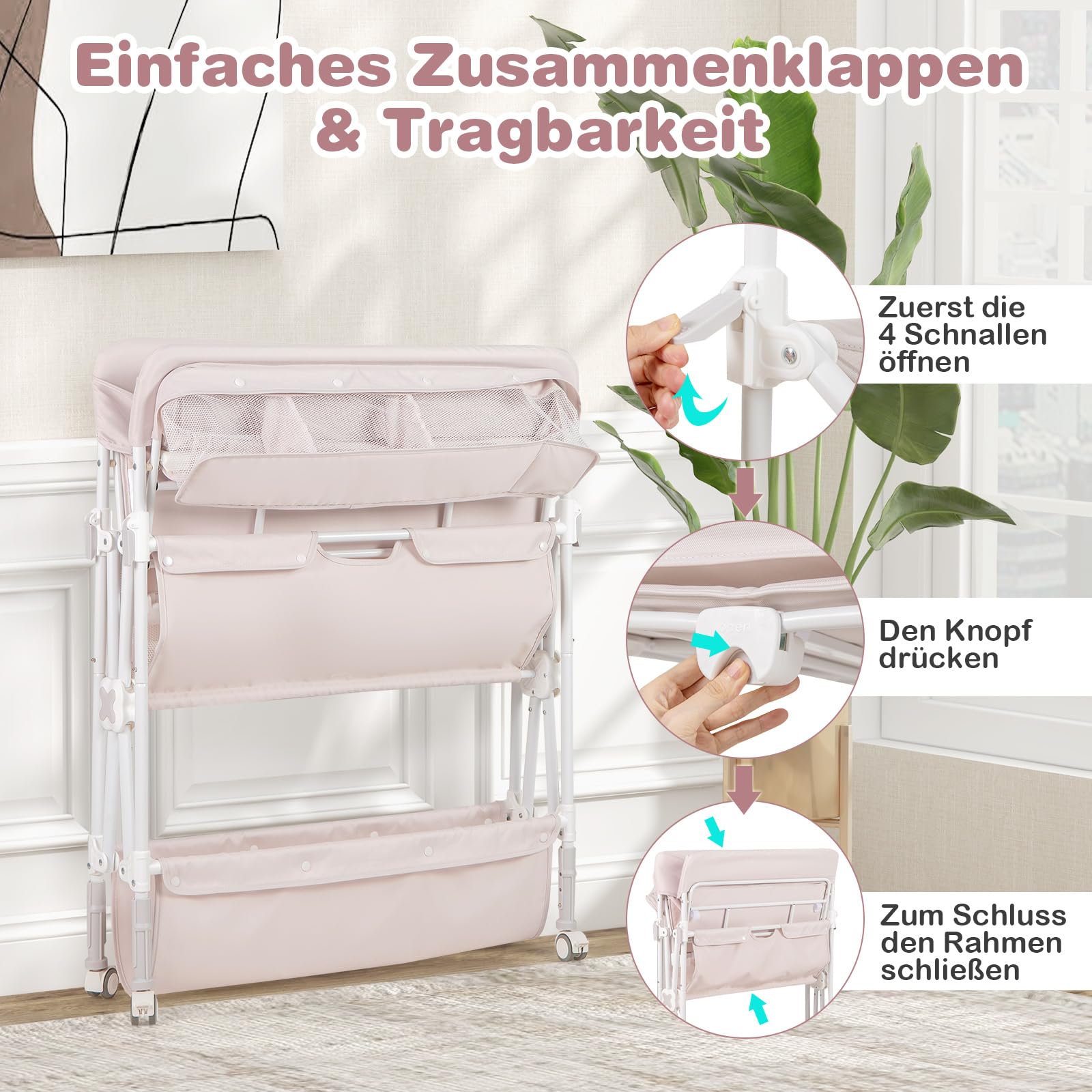 COSTWAY 5 in 1 Wickelkommode, Wickeltisch klappbar, Wickelstation höhenverstellbar mit Seitenkorb, Regalen & Mülleimer, tragbares Baby Changing Table mit Rollen für Neugeborene & Säuglinge (Beige)