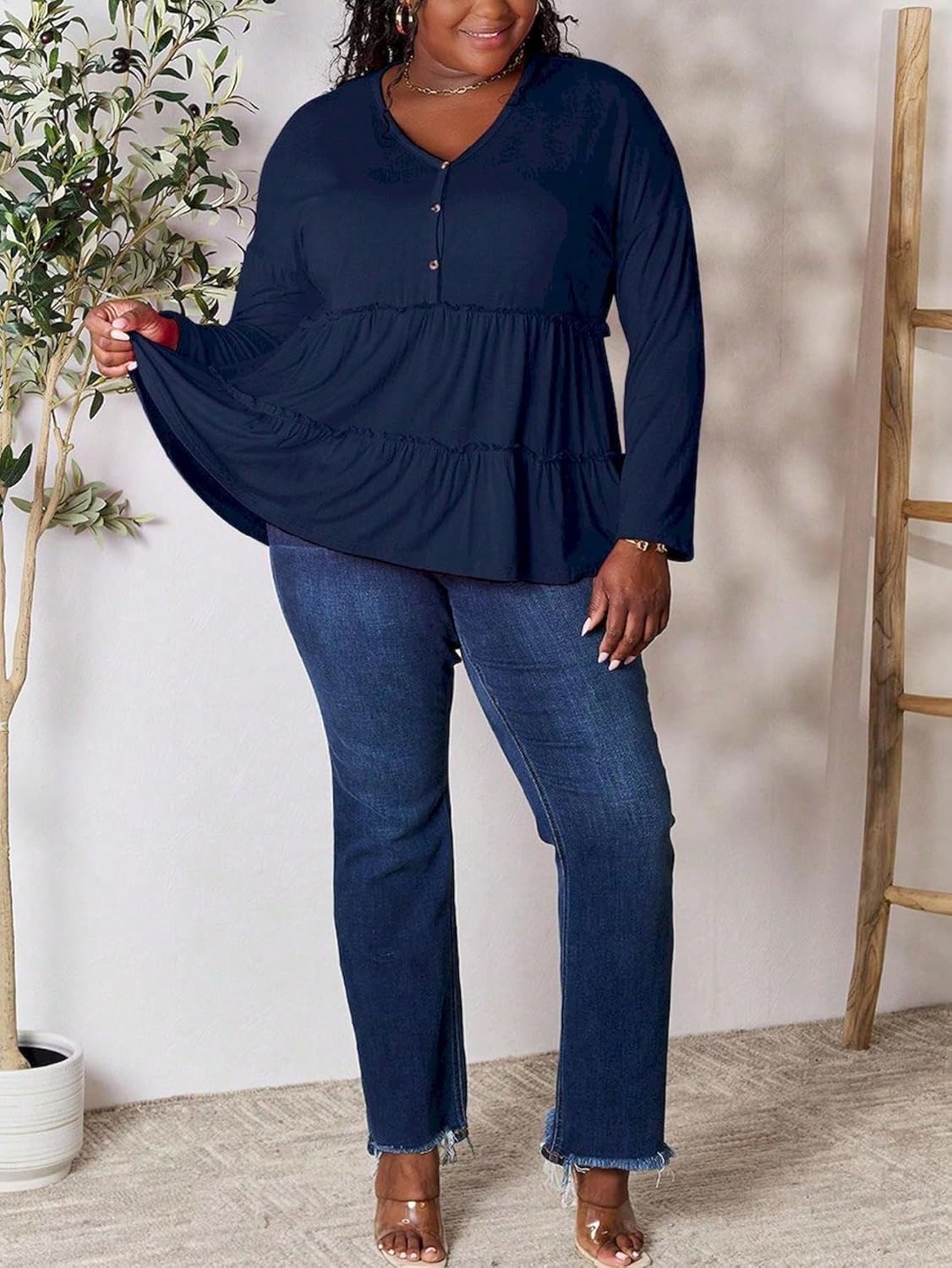 SIZE XLWomen's Casual Blouse Ruffle Layered Half Button Blouse Top Charcoal Lightweight Knit Fabric Long Sleeve Button-Front