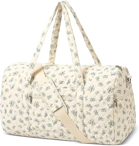 Gym Bag for Women, Cute Duffle Bag, Quilted Duffle Bag for Travel, Floral Duffle Bags, Weekend Bag with Zipper Pocket Dance Bag Organizer, Quilted-Blue Flower