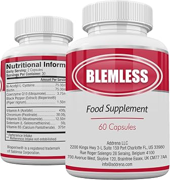 Blemless 30 Day- Clear Skin Supplement Pills Designed to Reduce Oily Breakouts from Spots & Blemishes with Vitamins A, B5, NAC, Selenium for Women, Men, Teens, Adults | 60 Natural Capsules