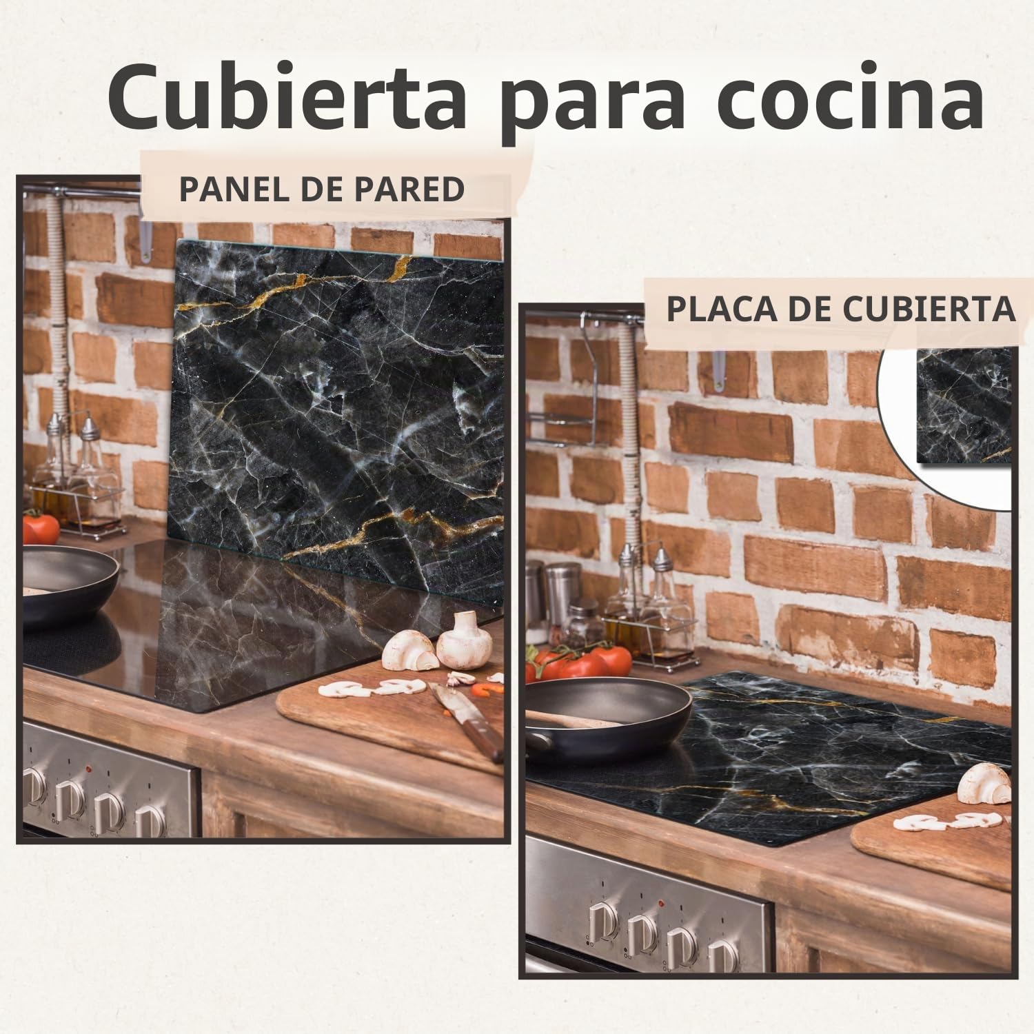 TMK - Placa de cubierta para estufa, 60 x 52 cm, cristal, decorativa, para cocinas eléctricas, inducción, protección contra salpicaduras, tabla de cortar, mármol negro