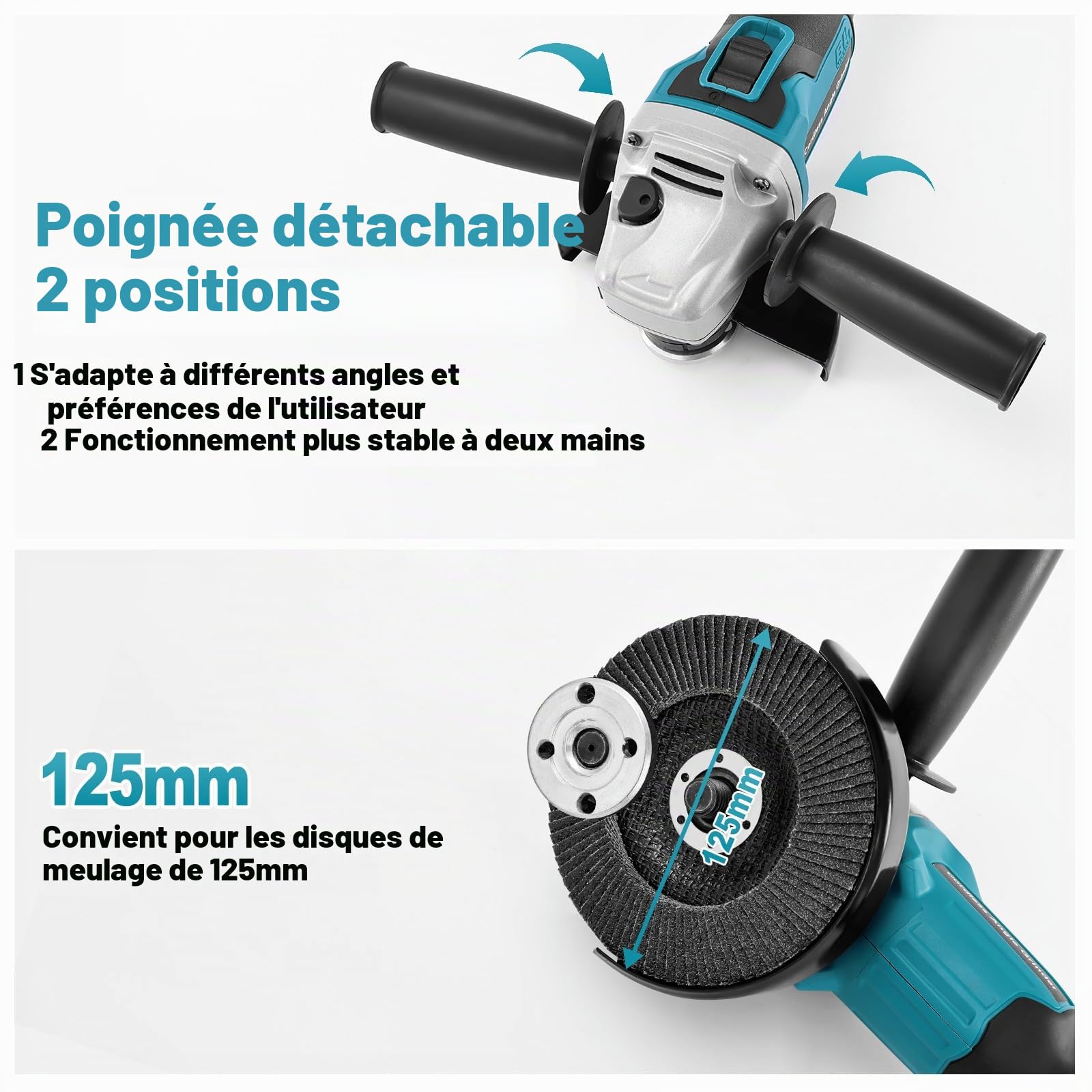 Yofuly Meuleuse d'angle Sans Fil pour MMaki-ta 18V/21V Batterie, Disqueuse Sans Fil avec 2 * 3.0Ah Batterie, 9000tr/min Meuleuse Angulaire avec 5 * Disque de Coupe de 125mm, 2* Disque à Lamelles