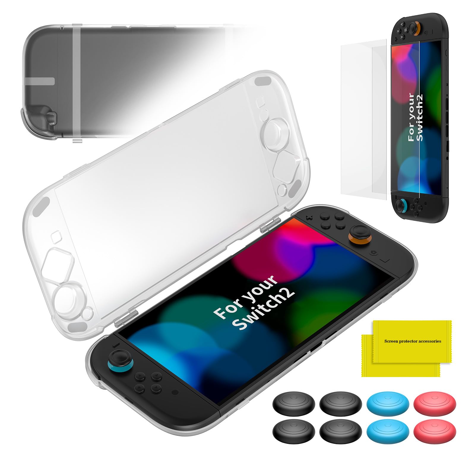Case for Switch 2 , OLCLSS Carrying Case for Nintendo Switch 2, Drop Protection, Transparent Acrylic Hard Shell with 10H Tempered Glass, Includes 2 Screen Protectors, 8 Thumb Grip Caps and 6 Dust Plugs，Compatible with Nintendo Switch 2- Clear