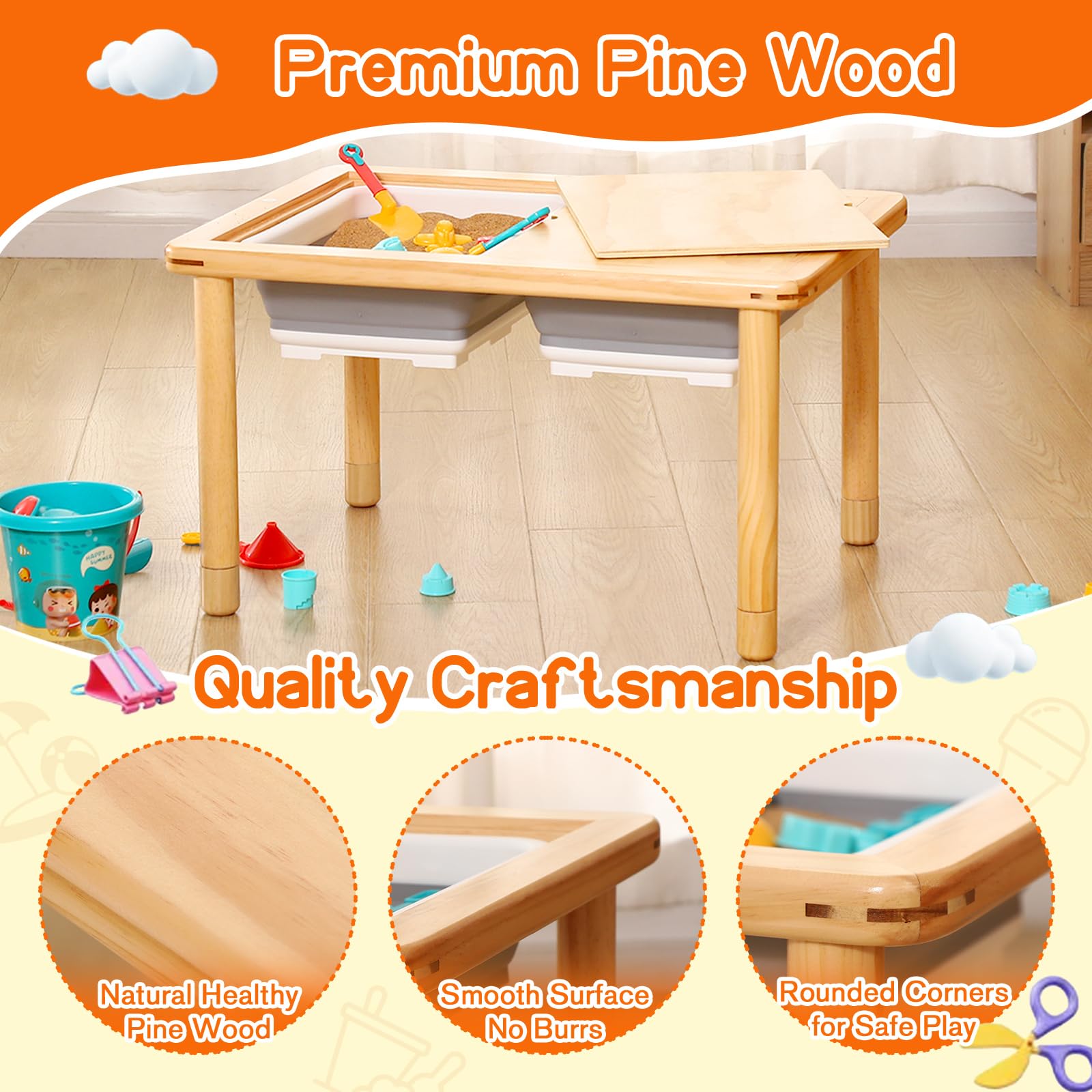 FUNLIO hölzerner Fühltisch mit 2 Fächern für Kleinkinder 1-5, 3-stufig höhenverstellbarer Kinder-Fühltisch mit verzugsicherem Sperrholzdeckel, Spiel-Sand- und Wassertisch, CPC-Zertifiziert