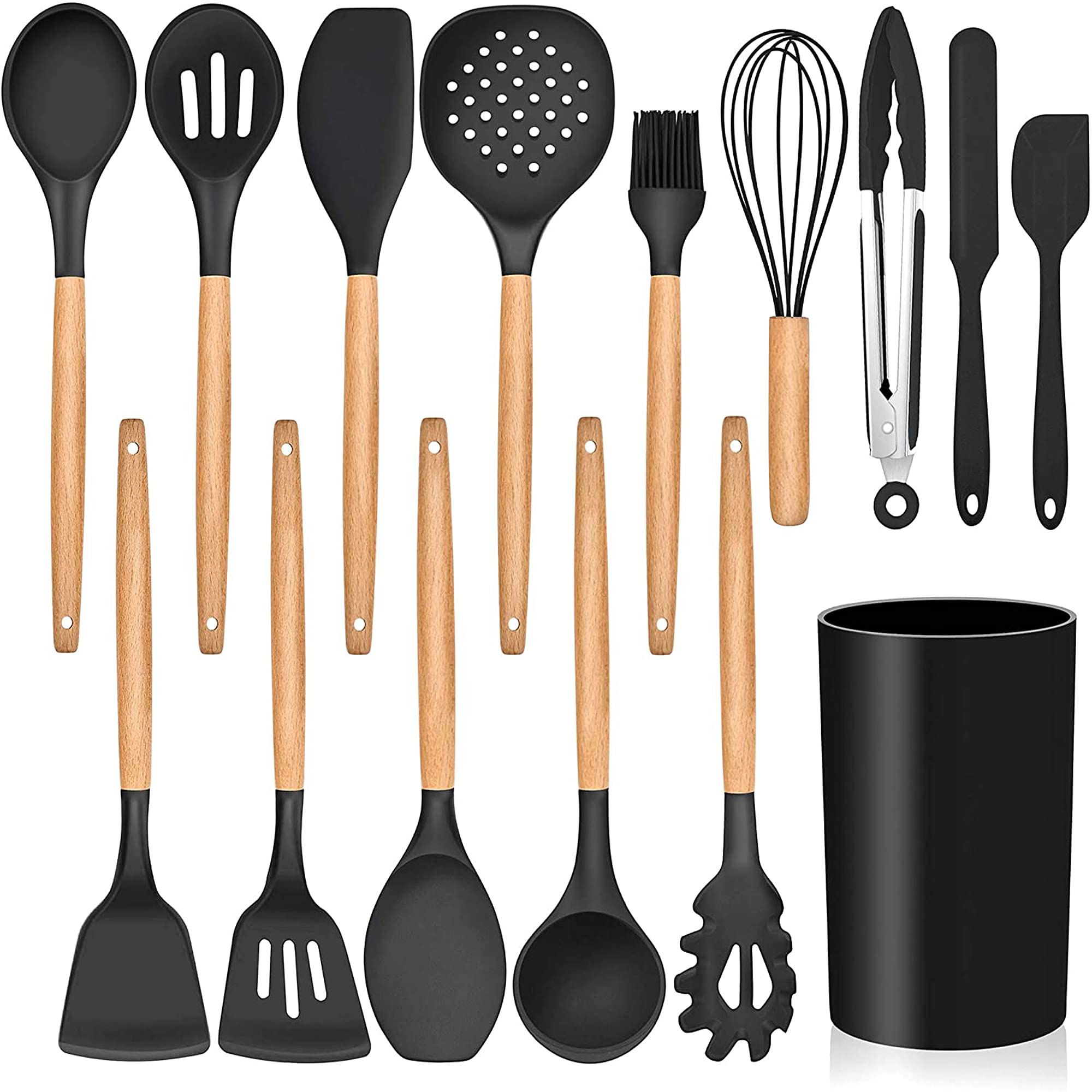 LIANYUKitchen Silicone Cooking Utensils Set with Holder, 15-Piece, Black