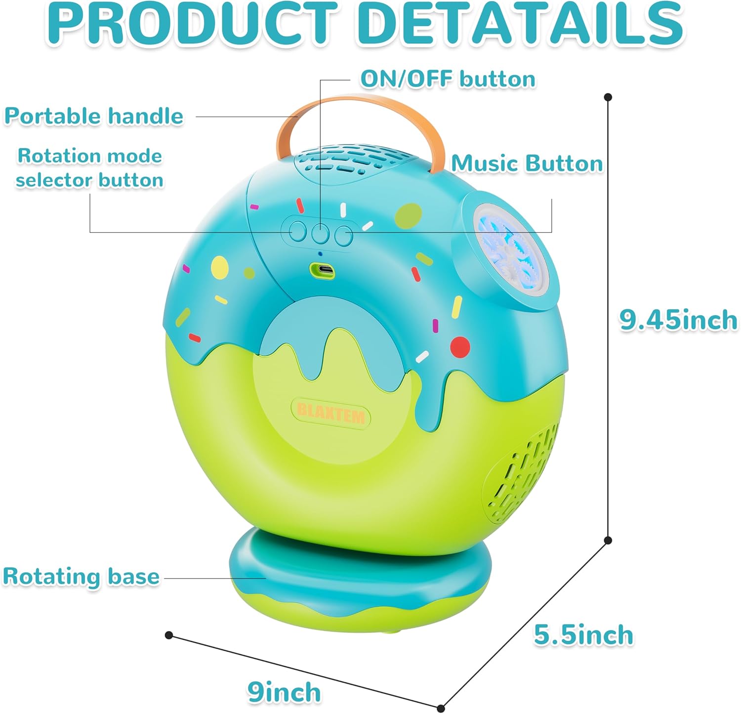BLAXTEM Rechargeable Bubble Machine Donut-Shaped - 90° 360° Rotatable, Lights & Music Bubble Maker for Kids Toddlers Age 3 4 5+ Boys & Girls Birthday Party, Outdoor Play Toys (Green/Blue)