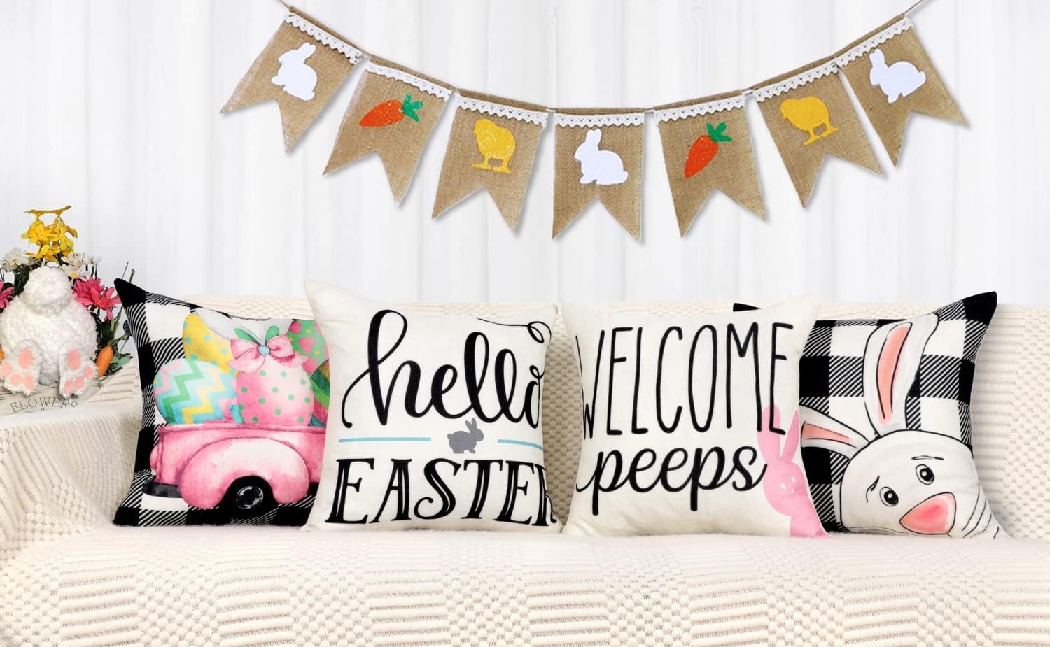 4TH Emotion Easter Pillow Covers 16x16 Set of 4 Easter Decorations for Spring Farmhouse Pillows Easter Decorative Throw Pillows Buffalo Plaid Bunny Eggs Throw Cushion Case for Home Decor TH086-16