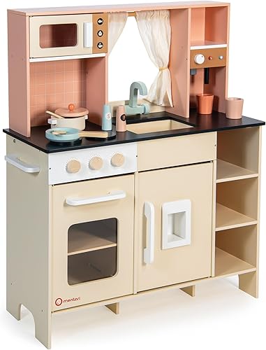 Mentari Juguetes - Cocina de juego de crema - Juego de cocina de madera con máquina de café expreso, dispensador de hielo y microondas para niños -